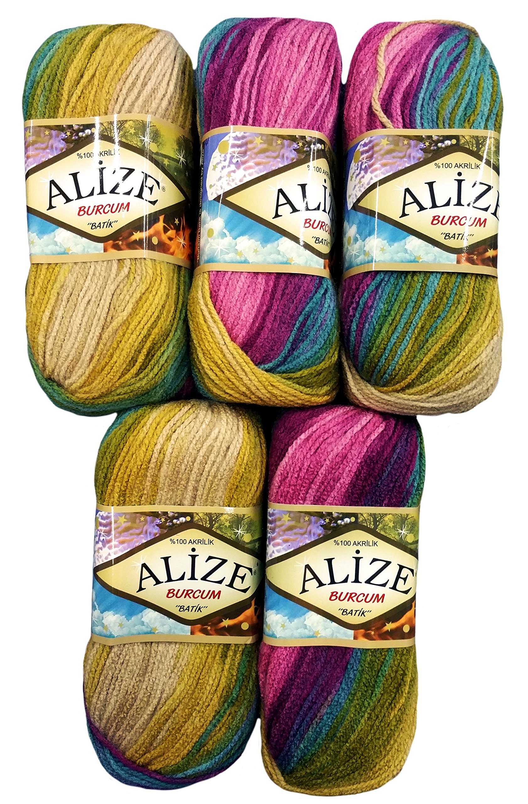 Alize Burcum batik wool 5 x 100 gram multicolored with color gradient , 500 grams (17,63 oz) knitting wool 1150 yds (1050 meters) purple, lilac, green, beige 4341