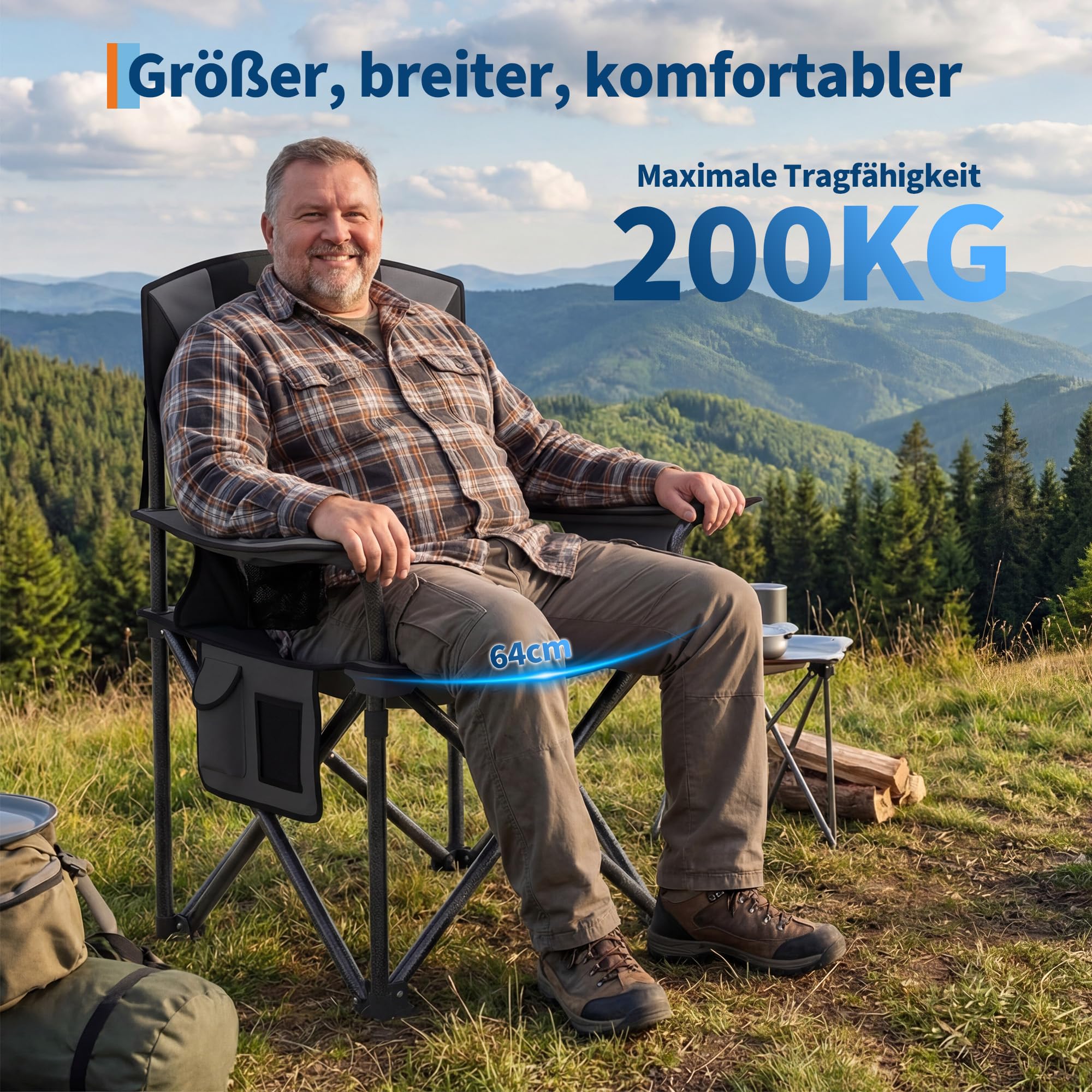 GarveeLife 2er Campingstuhl faltbar bis 200 KG belastbar, Ultragroßer Angelstuhl 64 cm mit hoher Rückenlehne & Polsterung, Camping Stuhl Sessel inkl. Tragetasche für Garten Balkon Strand Schwarz/Grau
