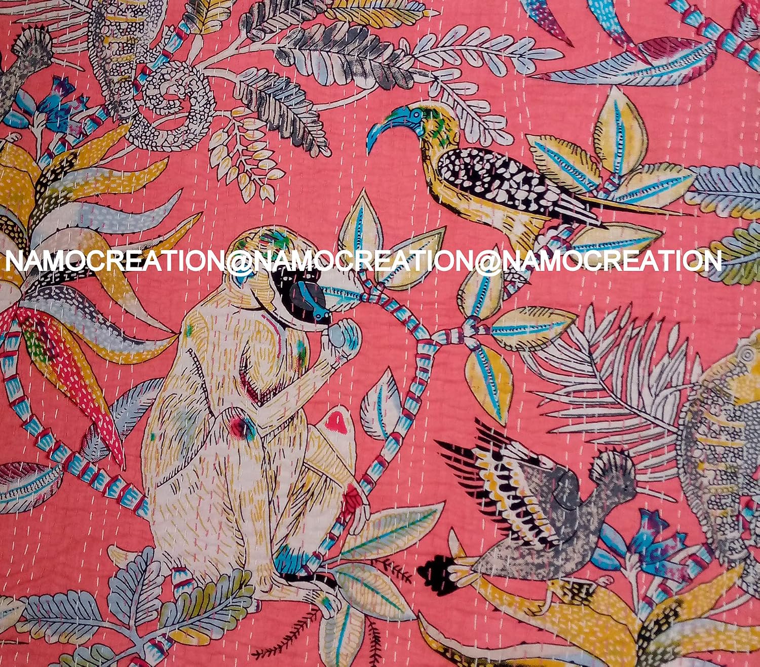 Monkey Animal Print Kantha Hippie Handmade Quilt Handblock Sofa Cover Bohemian Bedspread Reversible Throw Blanket California King/Queen/Twin (60X90 Inches)