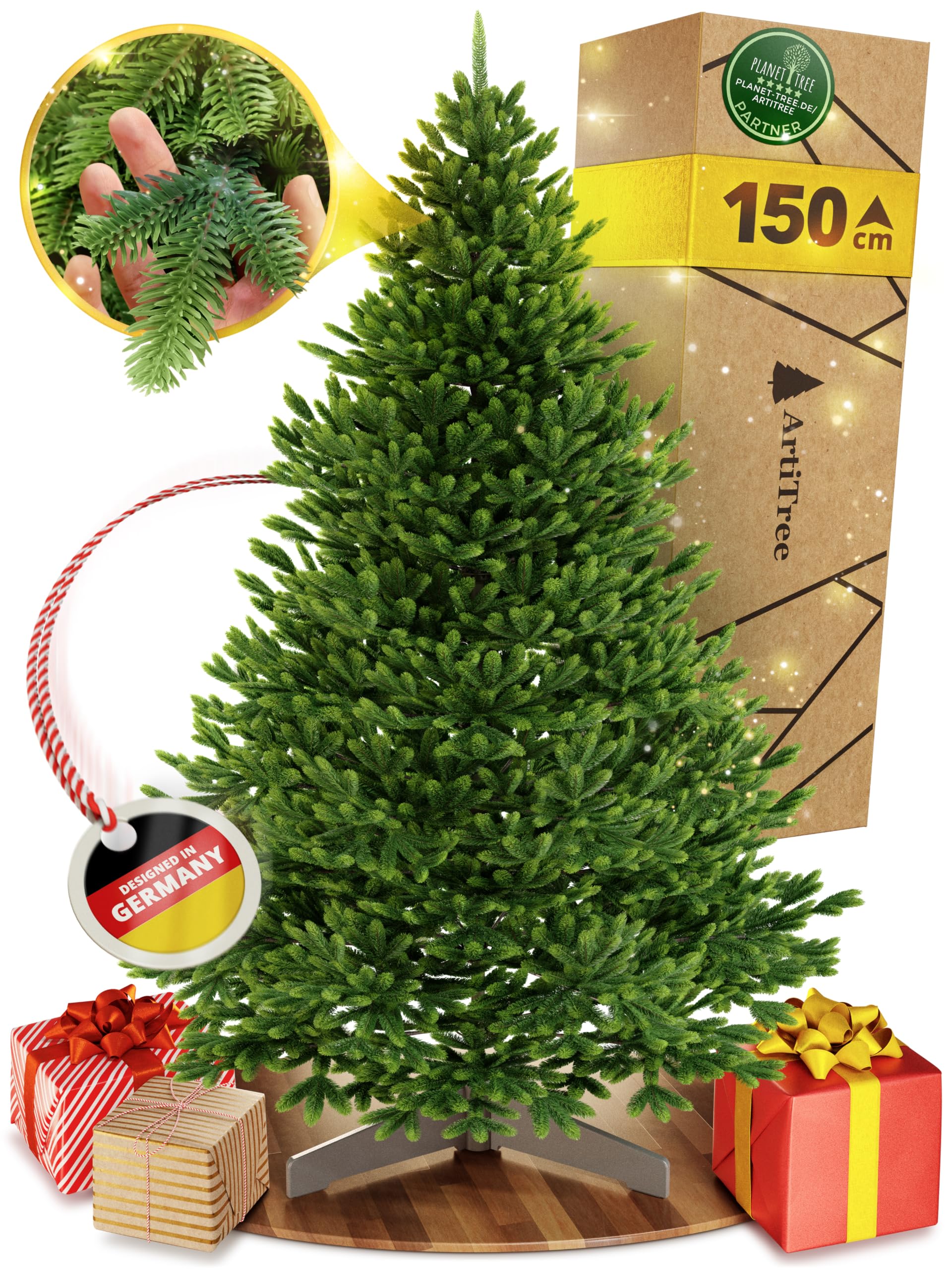 ArtiTree Albero di Natale Realistico, Verde, 150 cm | Folto e realistico, con aghi 3D in 100% PE, sistema a ombrello e supporto in legno FSC grigio spazio