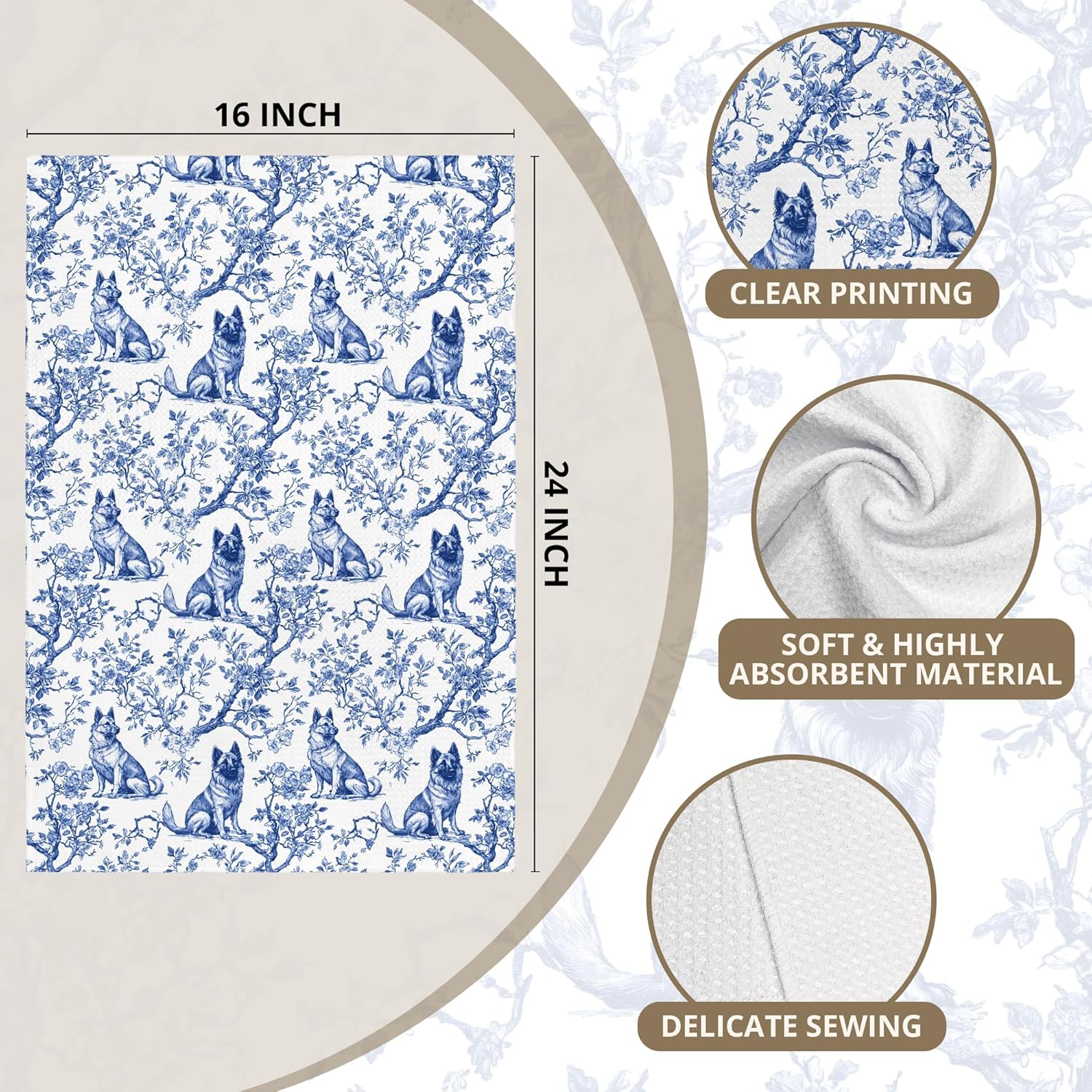 Chinoiserie German Shepherd Kitchen Towels, German Shepherd Gifts Hand Towels for Bathroom, Grand Millenial Floral Dog Decorative Hand Tea Dish Towels for Kitchen Bathroom Decor 16x24in - Image 7