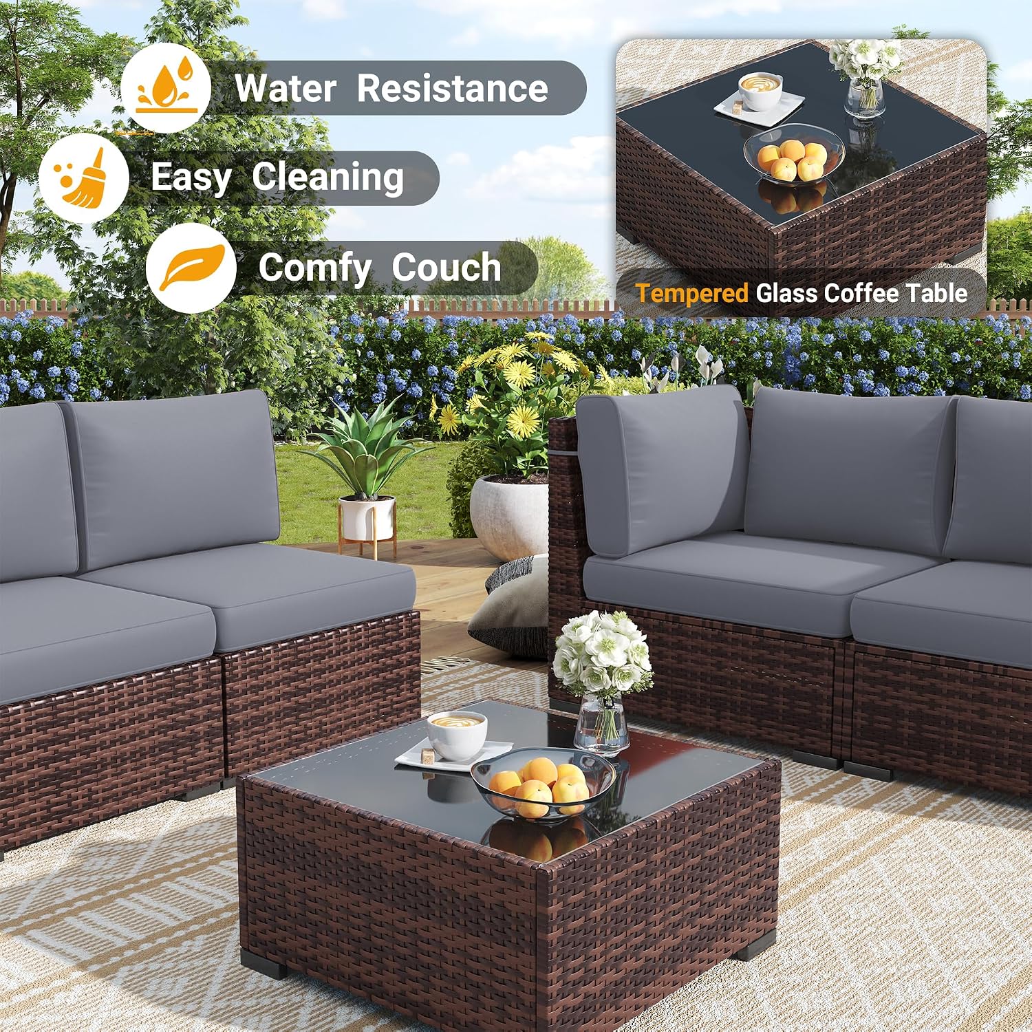 Outdoor Patio Furniture Set with 44" Fire Pit Table 8 Pieces Rattan Patio Sectional Sofa Conversation Set w/55000 BTU Propane Gas Fire Pit, Coffee Table, 2 Waterproof Covers, Grey