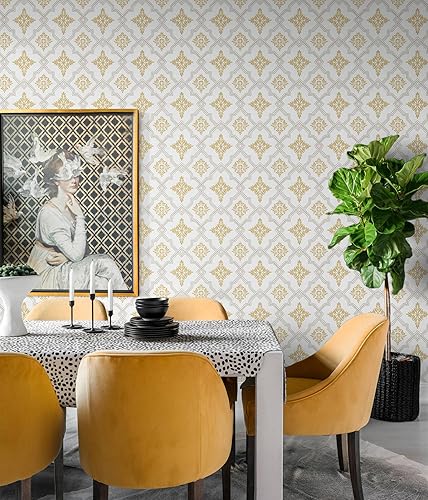 Miniatura 6 de Guvana Papel tapiz verde para despegar y pegar, diseño especial de rayas bohemias, papel adhesivo extraíble para baño y gabinetes, 15.55 x 78.7