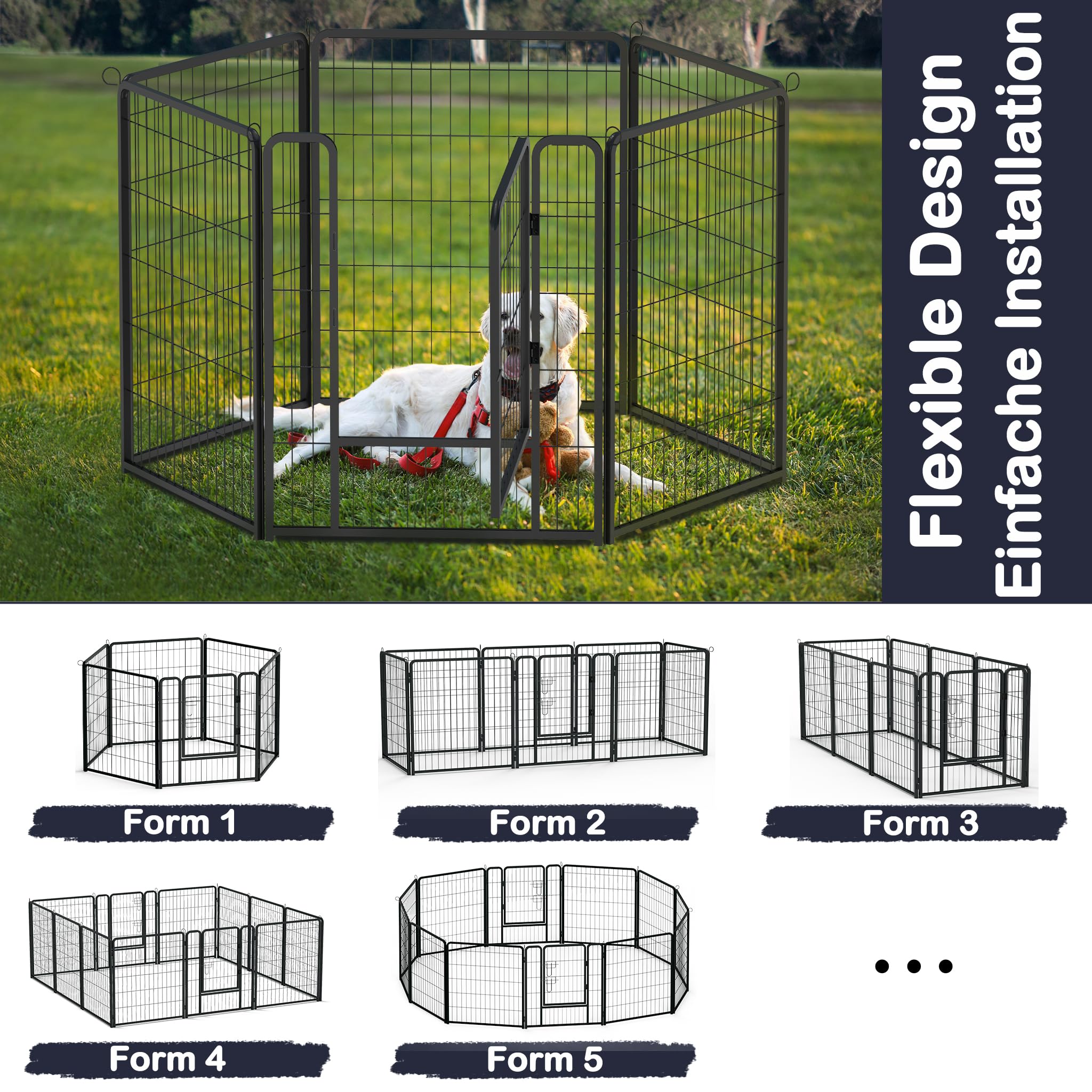 XMTECH Welpenlaufstall 12 Gitter je 80 x 80 cm Freilaufgehege Hundelaufstall, Welpenauslauf mit Türen, flexibel und faltbar, Welpengitter für Wohnung & Garten
