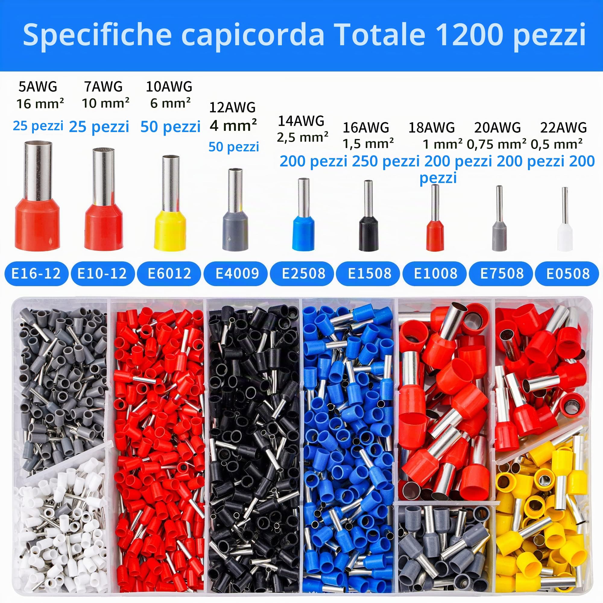 Set di crimpatrici per morsetti doppi e singoli, cricchetto 16-6 AWG 28-5 (0,08-16 mm²) con 1200 manicotti per connettori terminali (16-6 Crimper kit)