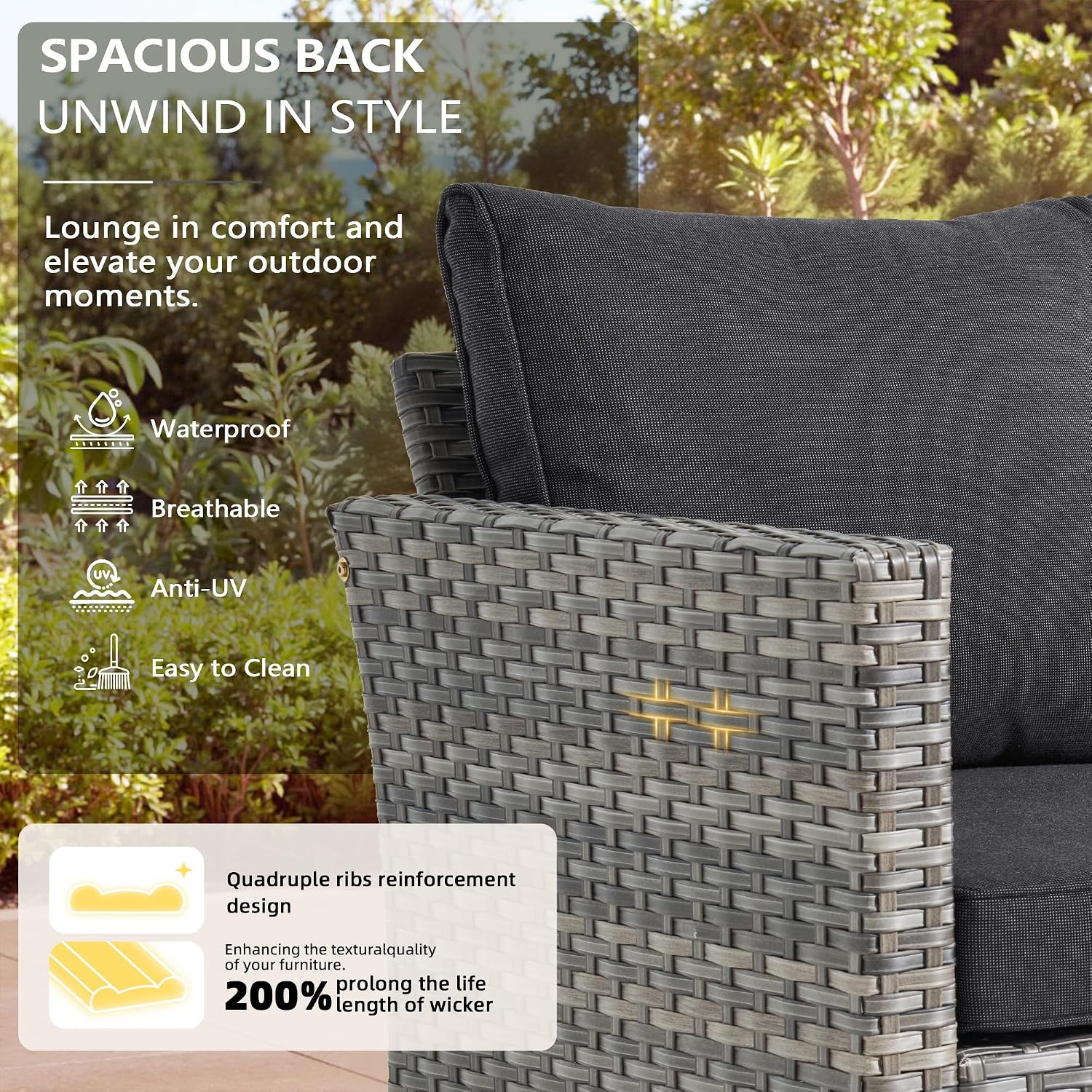 CAODOC 8-Piece Outdoor Wicker Patio Set with 9 Seats, Including 53" Fire Pit - Sectional Sofa and Conversation Set for Backyard or Lawn, Gray Rattan with Waterproof Black Cushions