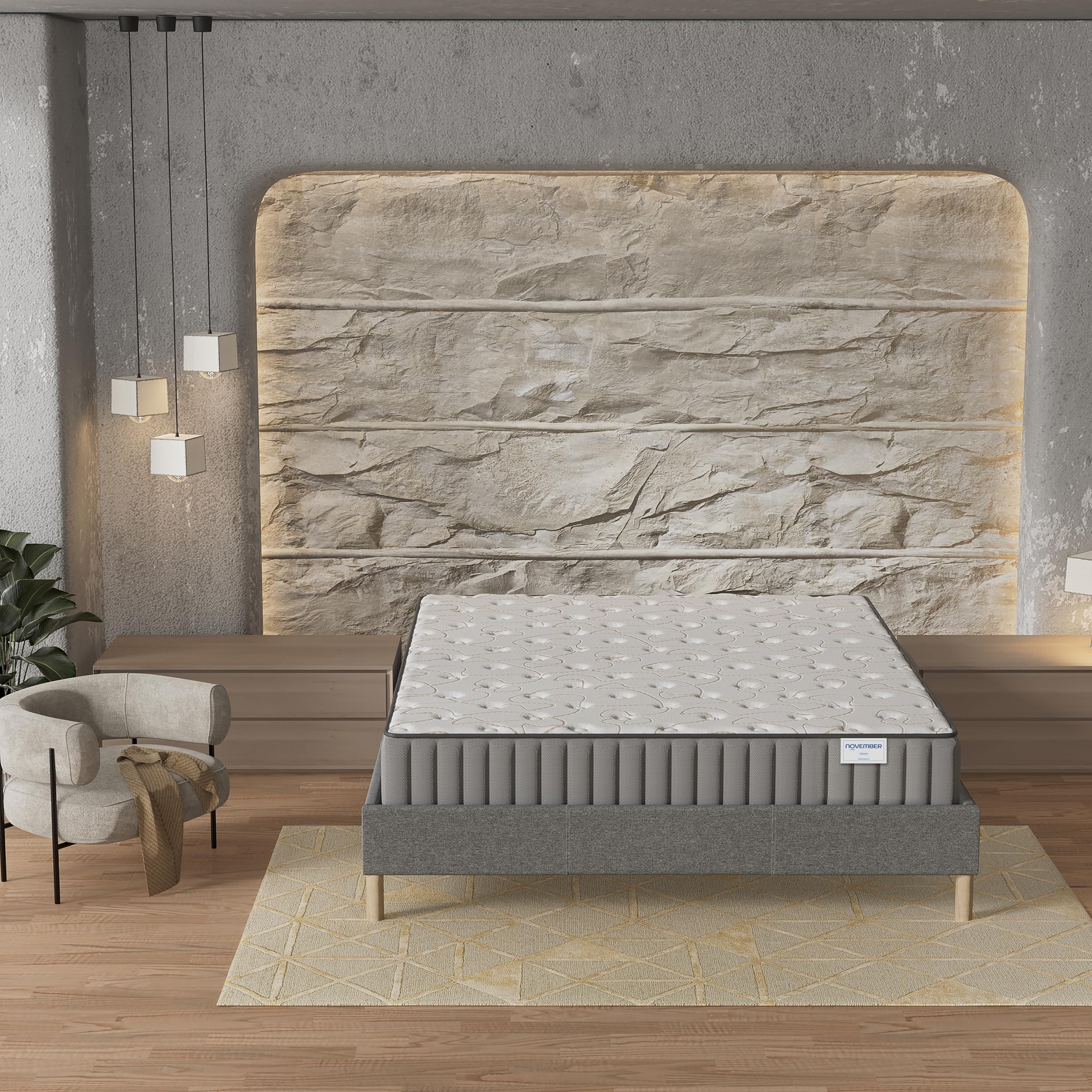 NOVEMBER- Ensemble Matelas + sommier (160 x 200cm)- Matelas Orionis Mousse Mémoire de Forme & Mousse Haute Densité d’épaisseur 22cm + Sommier Bois Stable & Robuste revêtement Tissu Gris