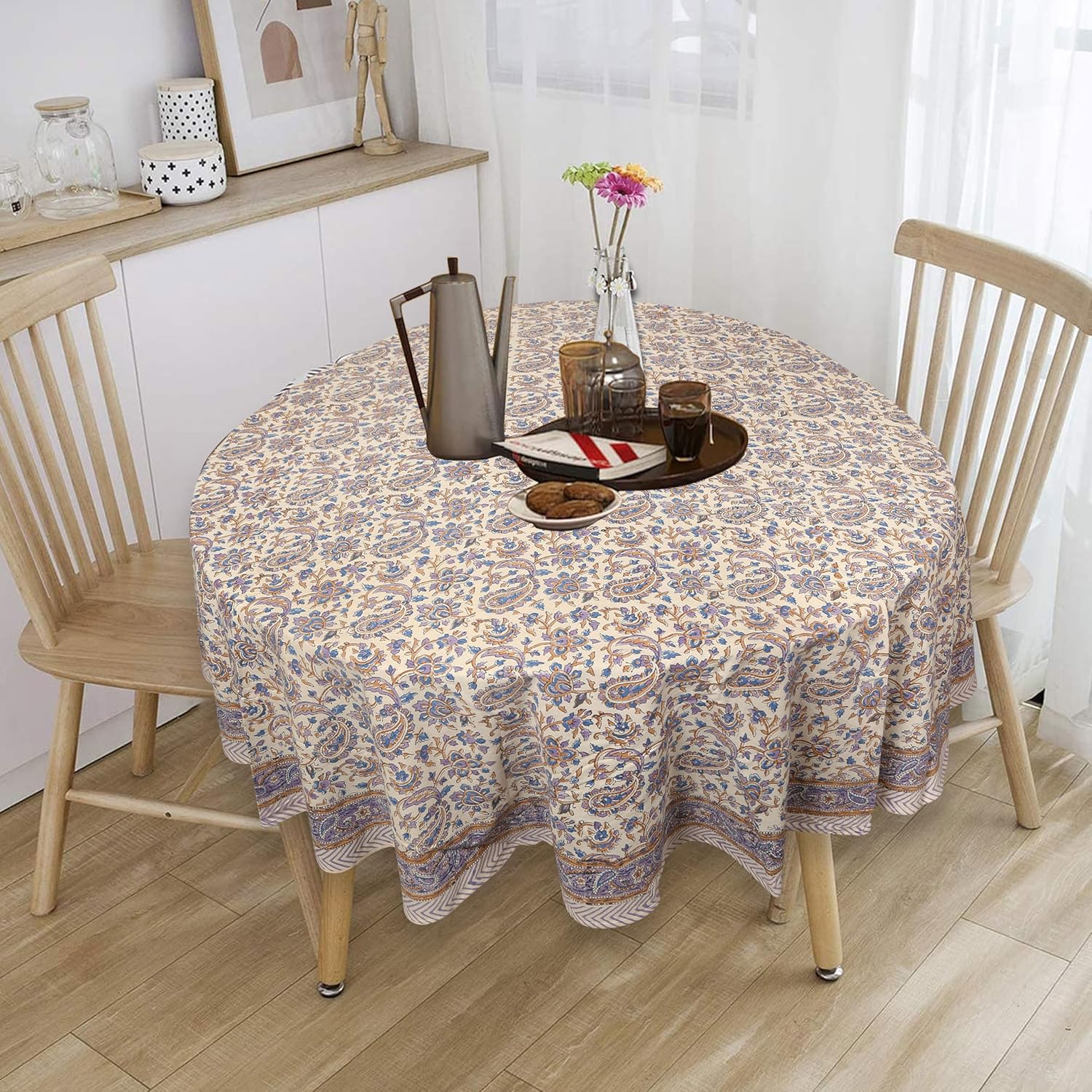 India Arts Hand Block Print Tablecloth Round 72 inch, 100% Cotton Blue Brown Purple Floral Table Cloth for Kitchen Dining Linen, Weddings, Holiday Party, Restaurant, Summer/Fall/Winter Home Decor