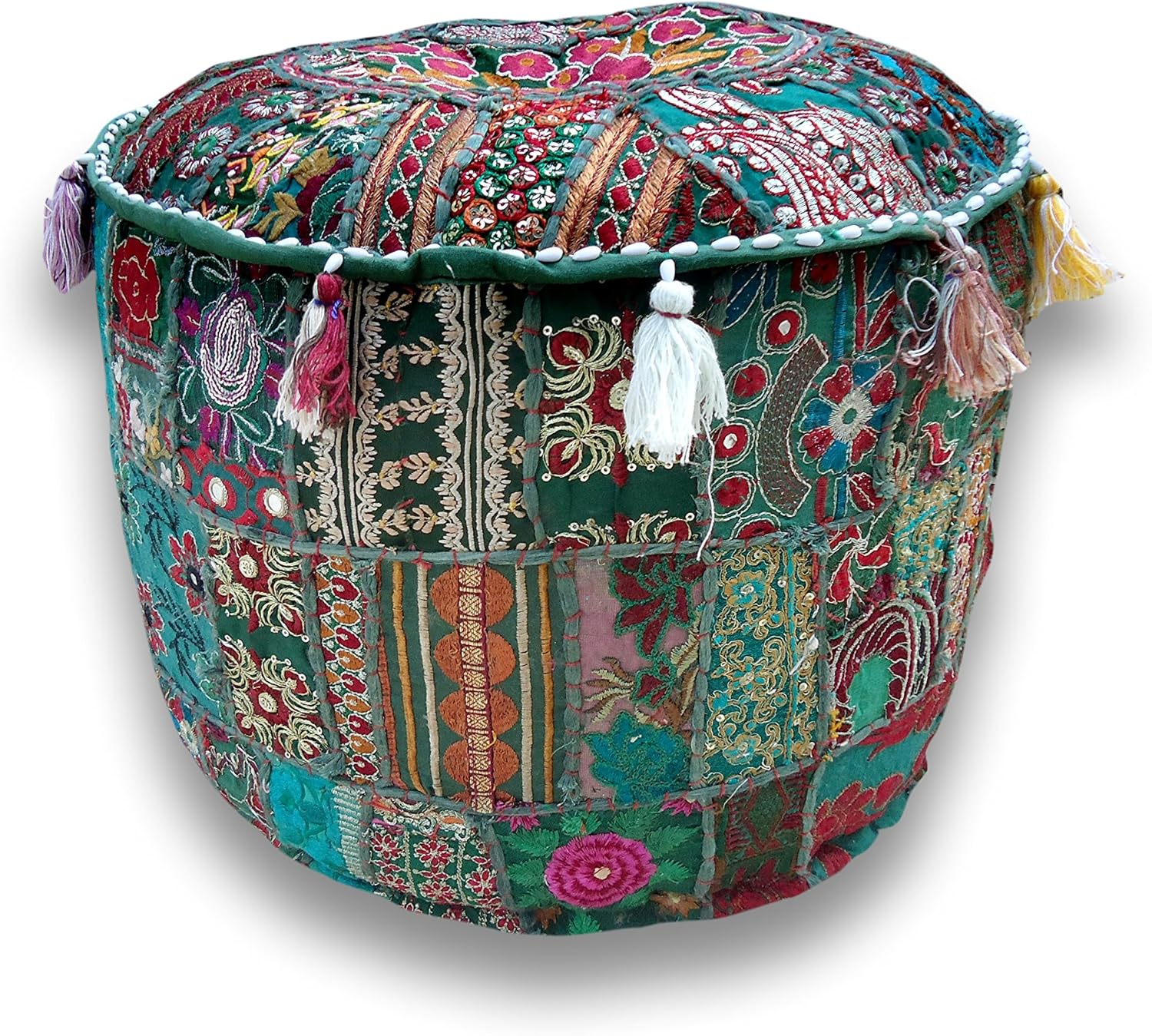 Bohemian Patch Work Ottoman Cover,Traditional Vintage Indian Pouf Floor/Foot Stool, Christmas Decorative Chair Cover,100% Cotton Art Decor Cushion, 14x22'. Only Cover, Filler not Included