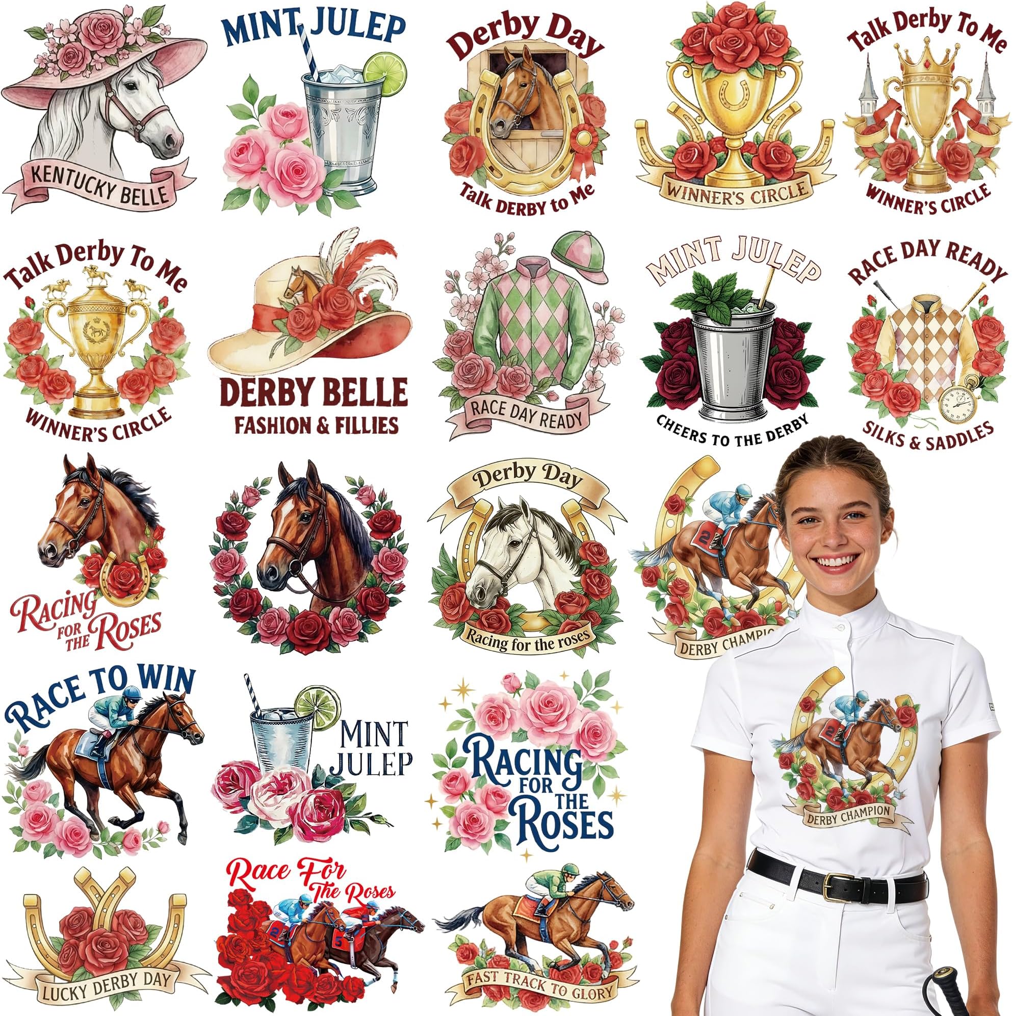 RiVolTa DTF Transfers Ready to Press - 20 Sheets Kentucky Horse Derby Day Iron on Patches for T-Shirts Racing Roses Heat Stickers Vinyl Decals for Clothing Bag Hat Pillow DIY Crafts Party Decorations