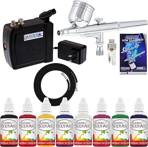 Master Airbrush Kit de aerógrafo multiusos con mini compresor, aerógrafo de alimentación por gravedad de doble acción. Manguera de aire y juego de