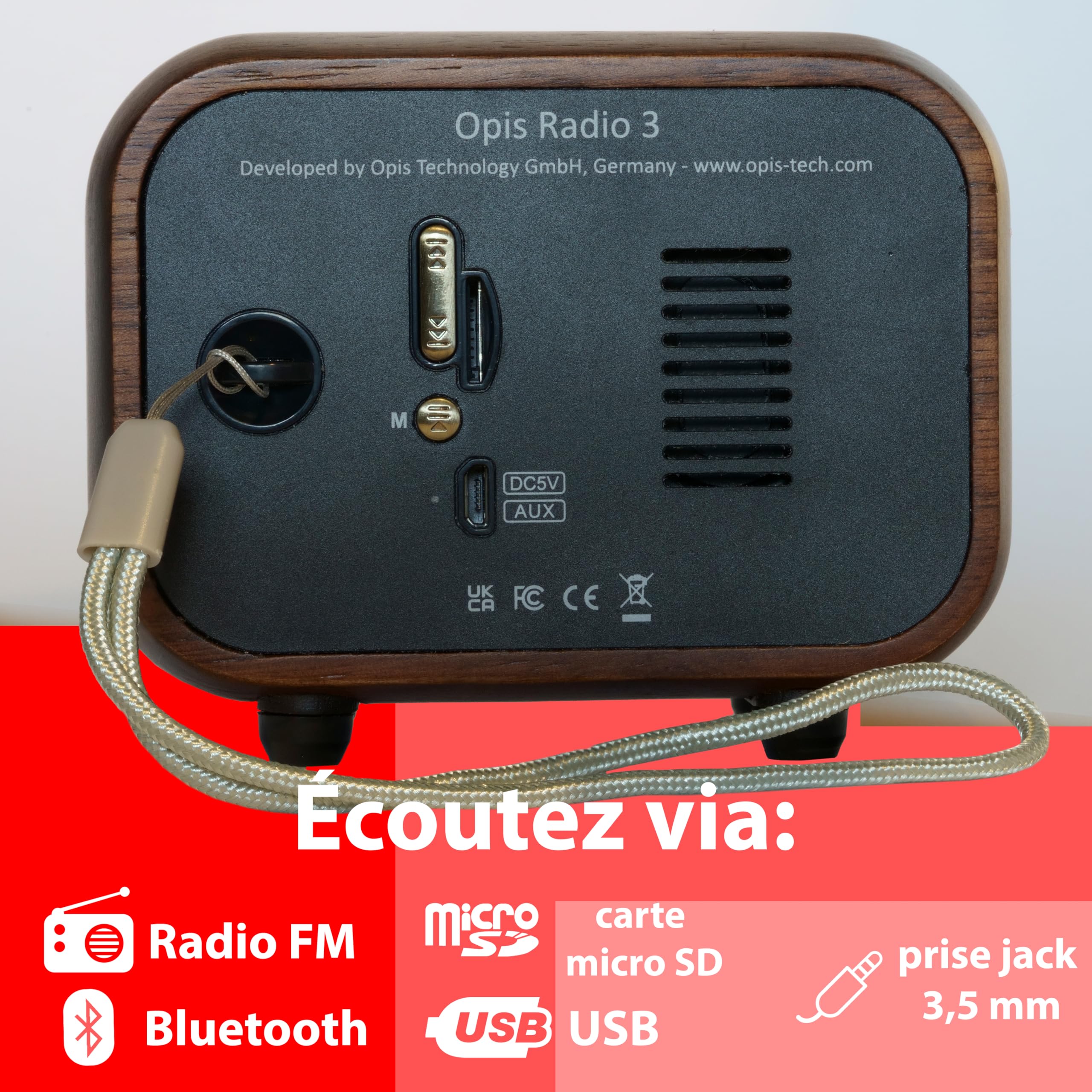 Opis Radio 3 – Petite Radio Portable Rechargeable, dotée de FM et Bluetooth, idéale pour la Maison et Le Chantier, au Style d'un Ancien Poste Radio en Bois (Merisier)