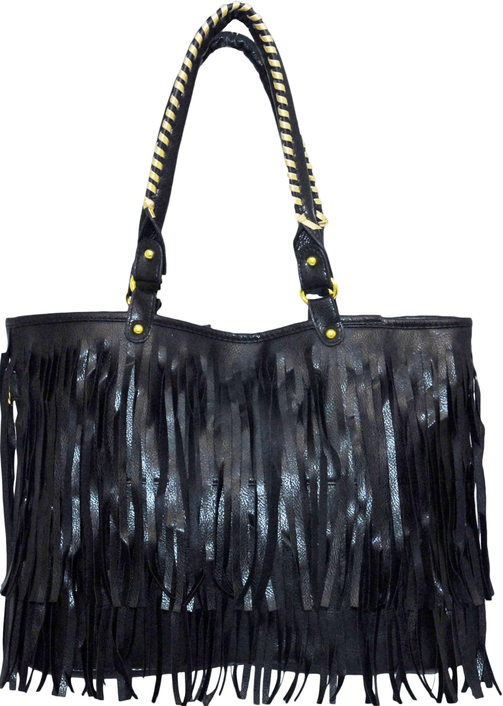 Gorgeous, Vegan Leather Designer Handbag with Fringes, by Luciano Caruso. Zippered Divider + Inside / Outside Pockets. Cell Phone Pocket. Detachable 20" Shoulder Strap.