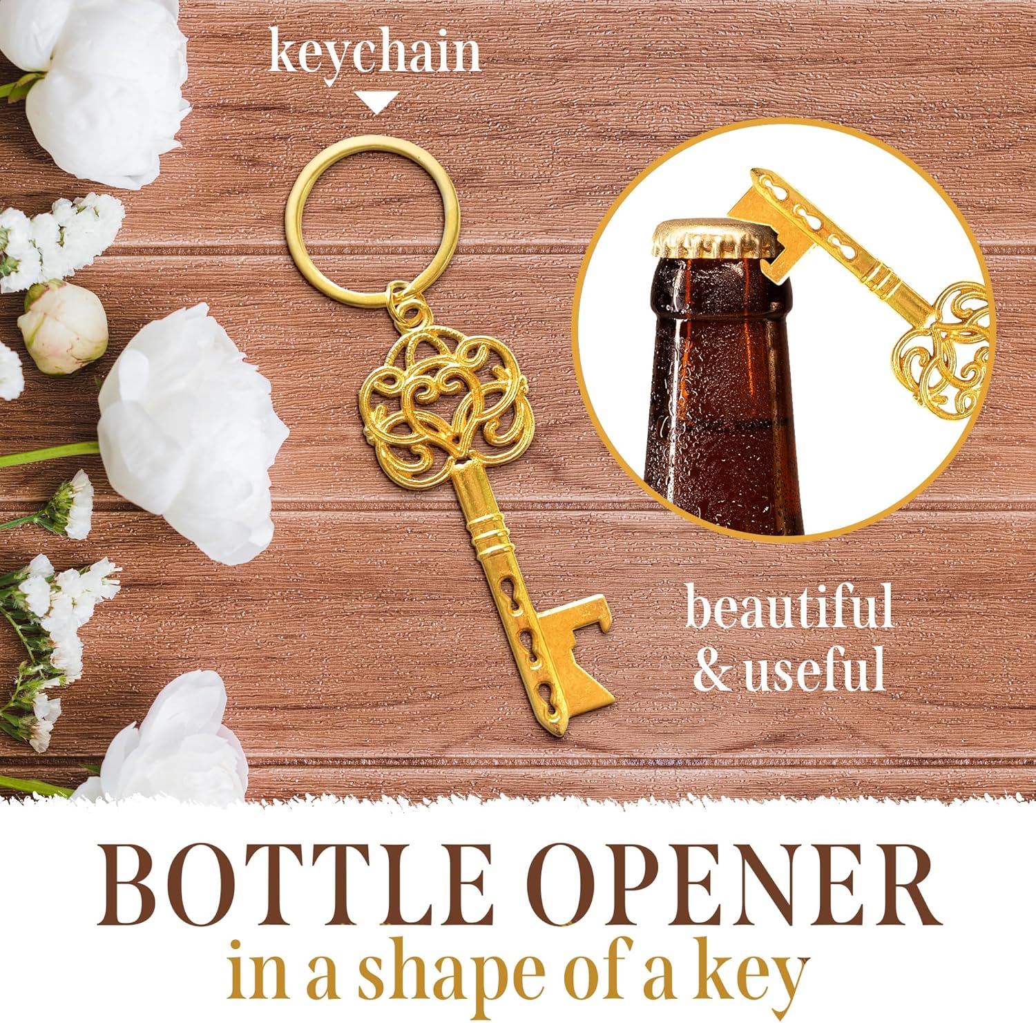 Simply Party - Favors for Guests, 50 Pack Gold Keychains Party Favors in Bulk, Accompanied by a Thank you Card, Gift Bag, with Elegant Cream Design, Baby Shower, Bridal Shower, Birthday Party, Wedding