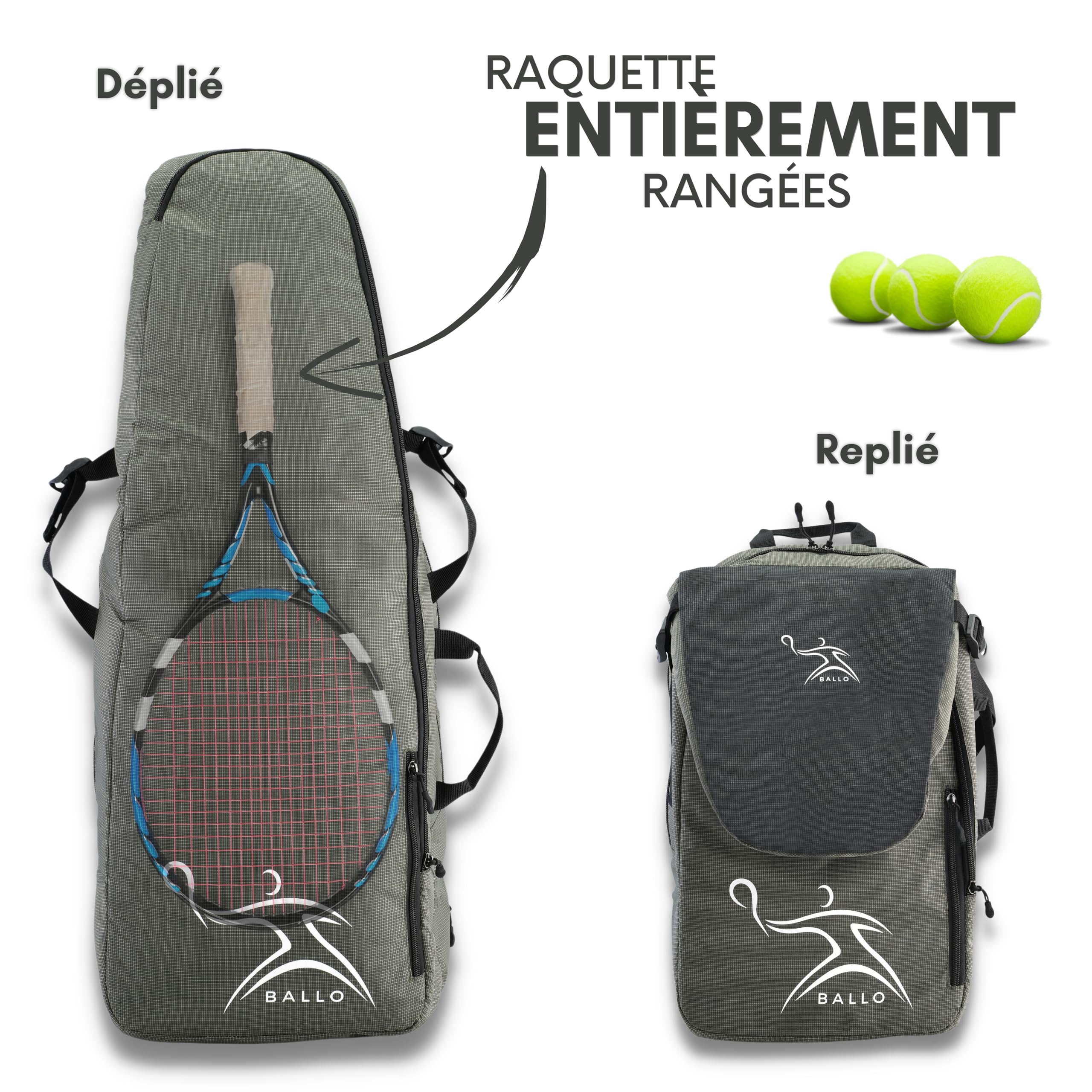 BALLO® Sac à dos de tennis, de raquette de tennis, de badminton, pour homme et femme, avec compartiment à chaussures et compartiment fermé pour raquette