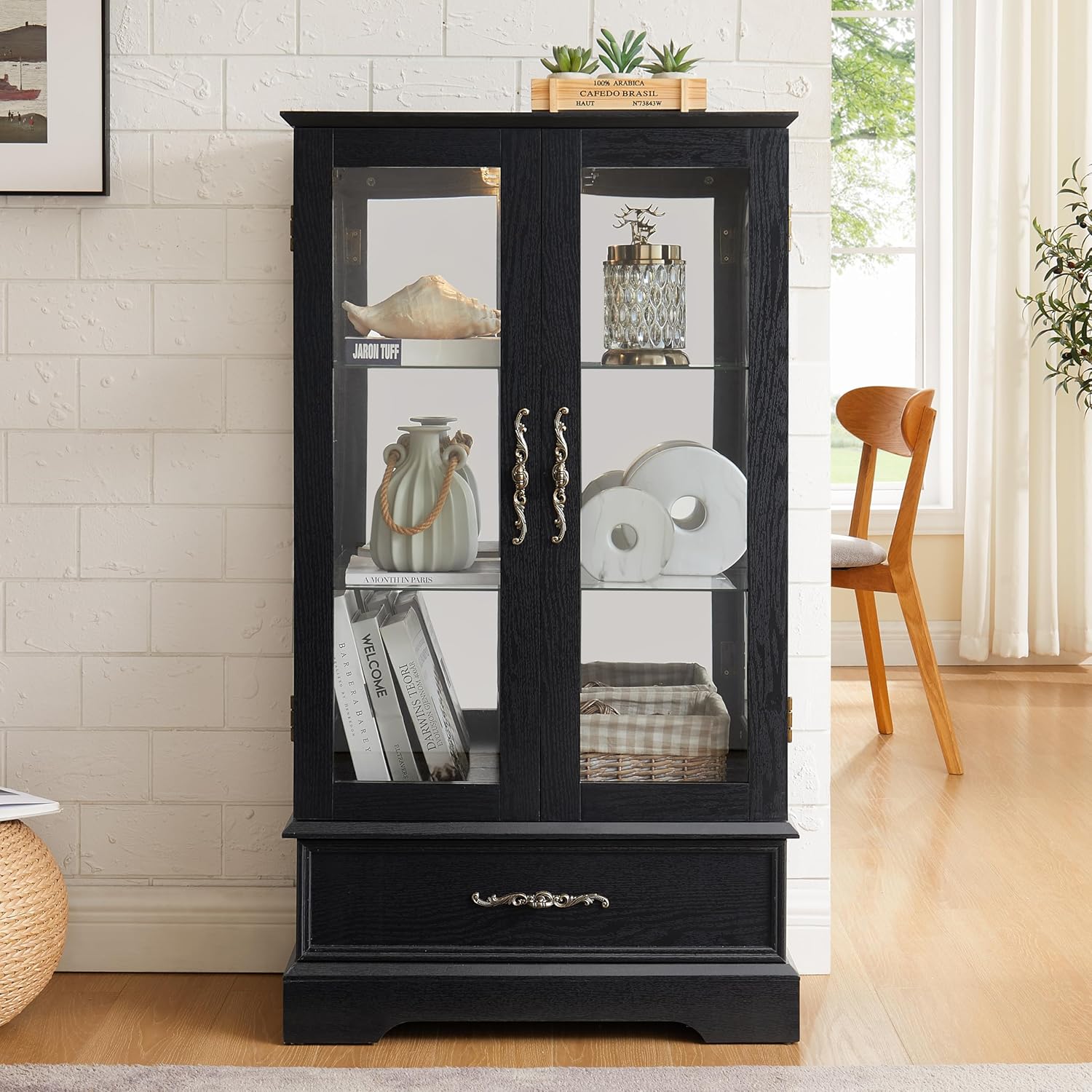 extrasleep Lighted Glass Curio Cabinet with Adjustable Shelves - Elegant 2-Door Display Cabinet & Built-in Drawer, Includes Bulb - Black