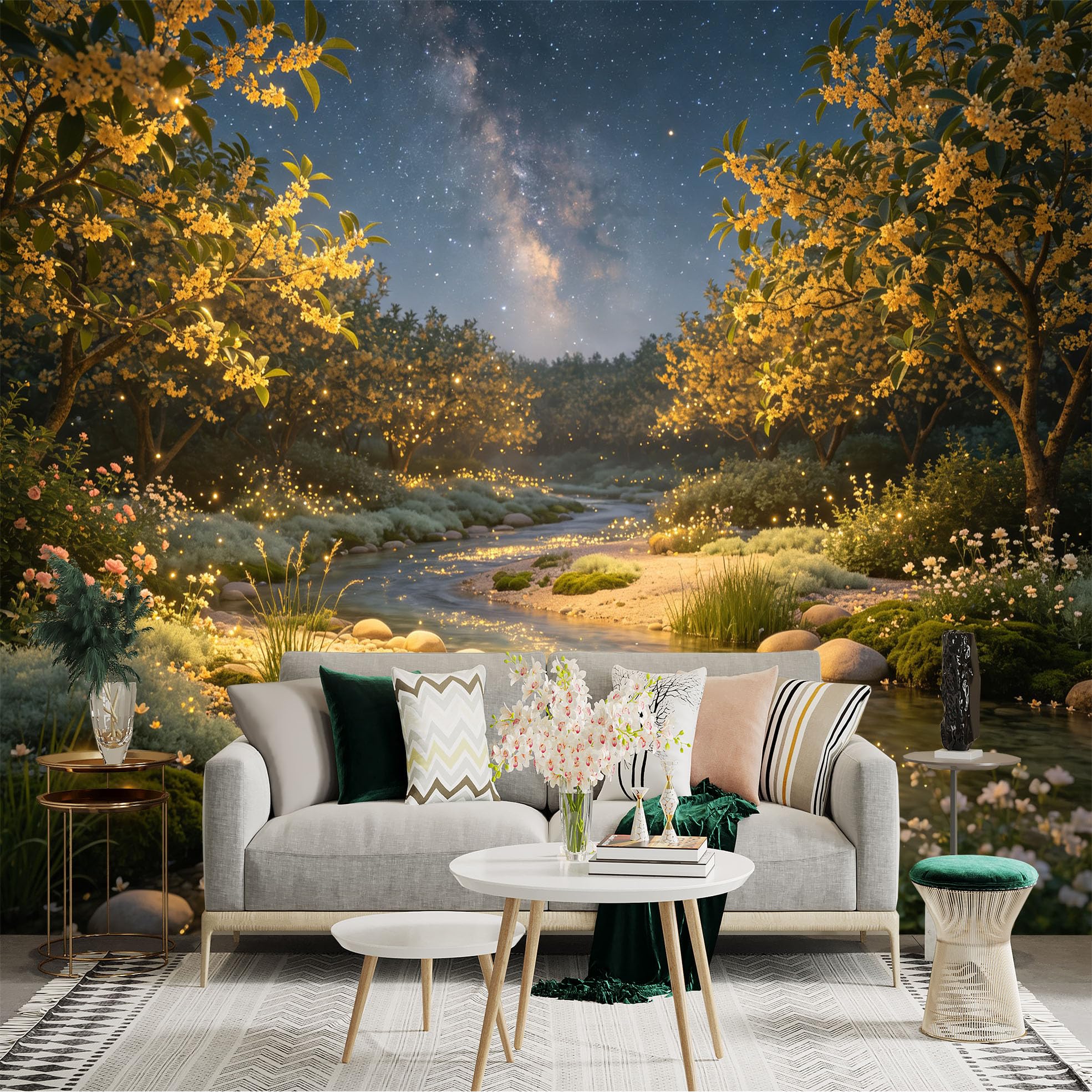 Lnzczhyre Bh260719749 Custom Size Wall Sticker Mural， Enchanting Moonlight Creek With Glowing Blossoms And Starry Night Sky， For Wall Decoration， Peelandstick Wall Decals.