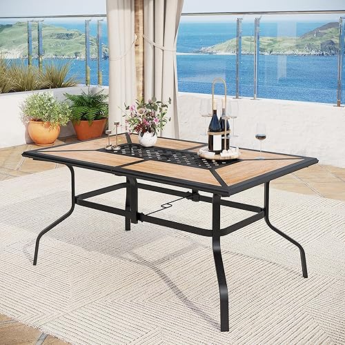 Miniatura 2 de MFSTUDIO Mesa de comedor de patio al aire libre para 6, mesa rectangular para muebles de patio con marco de metal y parte superior de inmitación,