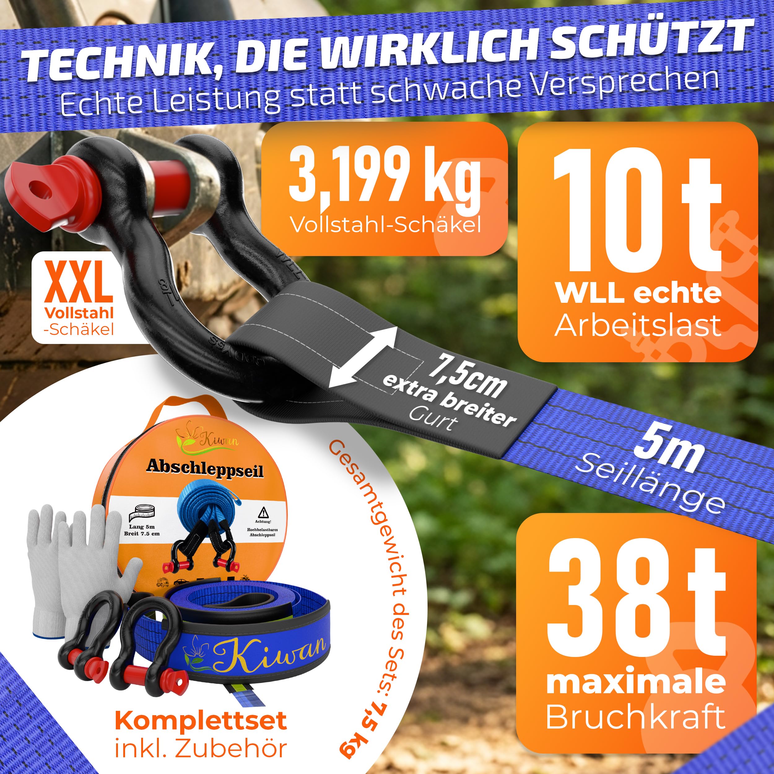 Kiwan Pro Abschleppseil WLL 10 t Maximale Sicherheit statt Bruchlast-Tricks 38 t Bruchlast Geprüfte Belastbarkeit XXL Schäkel 5 m x 7,5 cm Offroad Bergungsgurt für PKW SUV Transporter Wohnmobil