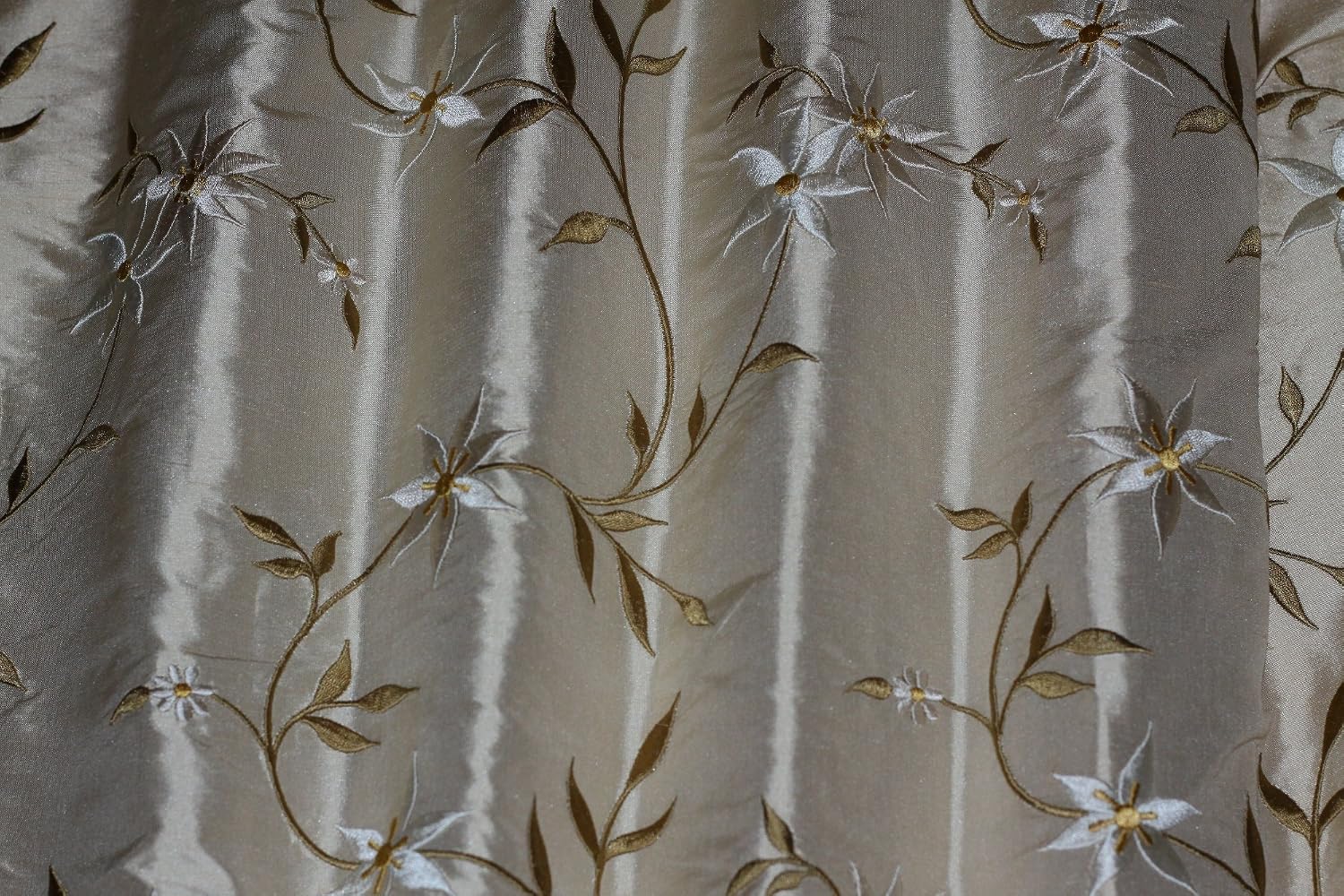 Cream & Olive Embroidery on Gold Dupioni Shantung, 100% Silk Fabric, by The Yard, 54" Wide