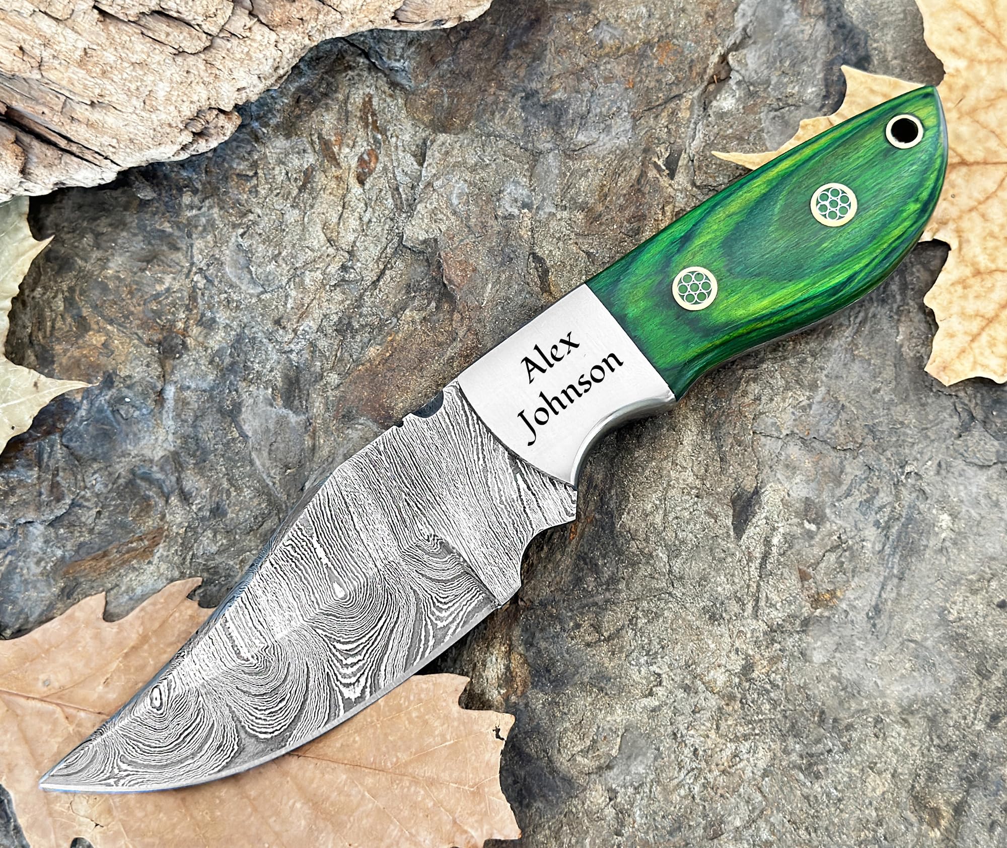WINTERFELL Personalized Fixed Blade Damascus Hunting Knife with Sheath, Engraved Gifts For Hunter, Husband, Dad, Son, Boyfriend, Father's Day Gift, Christmas gift(Green)
