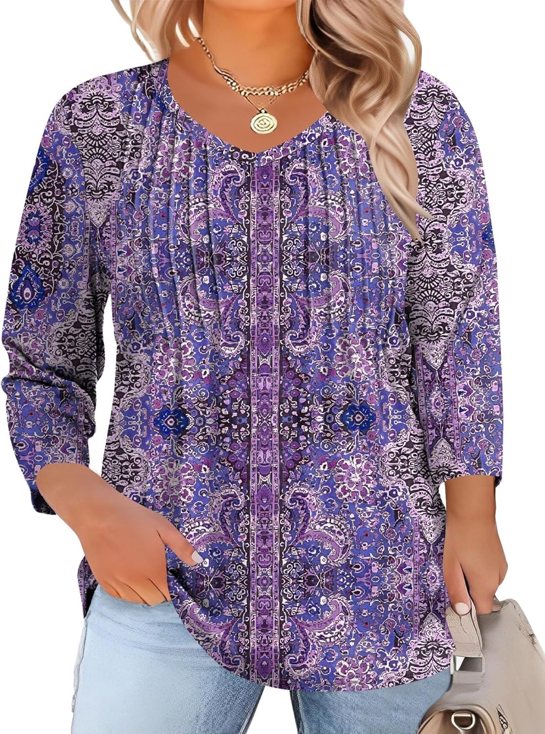 Romanstii Plus Size Tops for Women Womens 2026 Spring 3/4 Sleeve Blouses Dressy Casual V-Neck T-Shirts Pleated Tunic XL-5XL