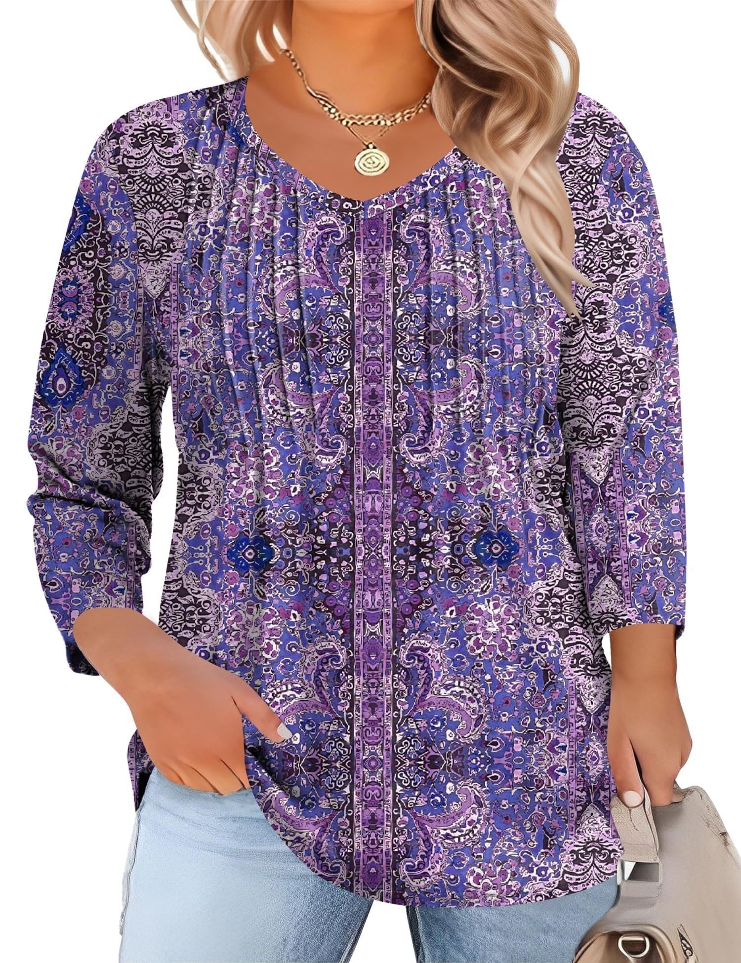 Romanstii Plus Size Tops for Women Womens 2026 Spring 3/4 Sleeve Blouses Dressy Casual V-Neck T-Shirts Pleated Tunic XL-5XL