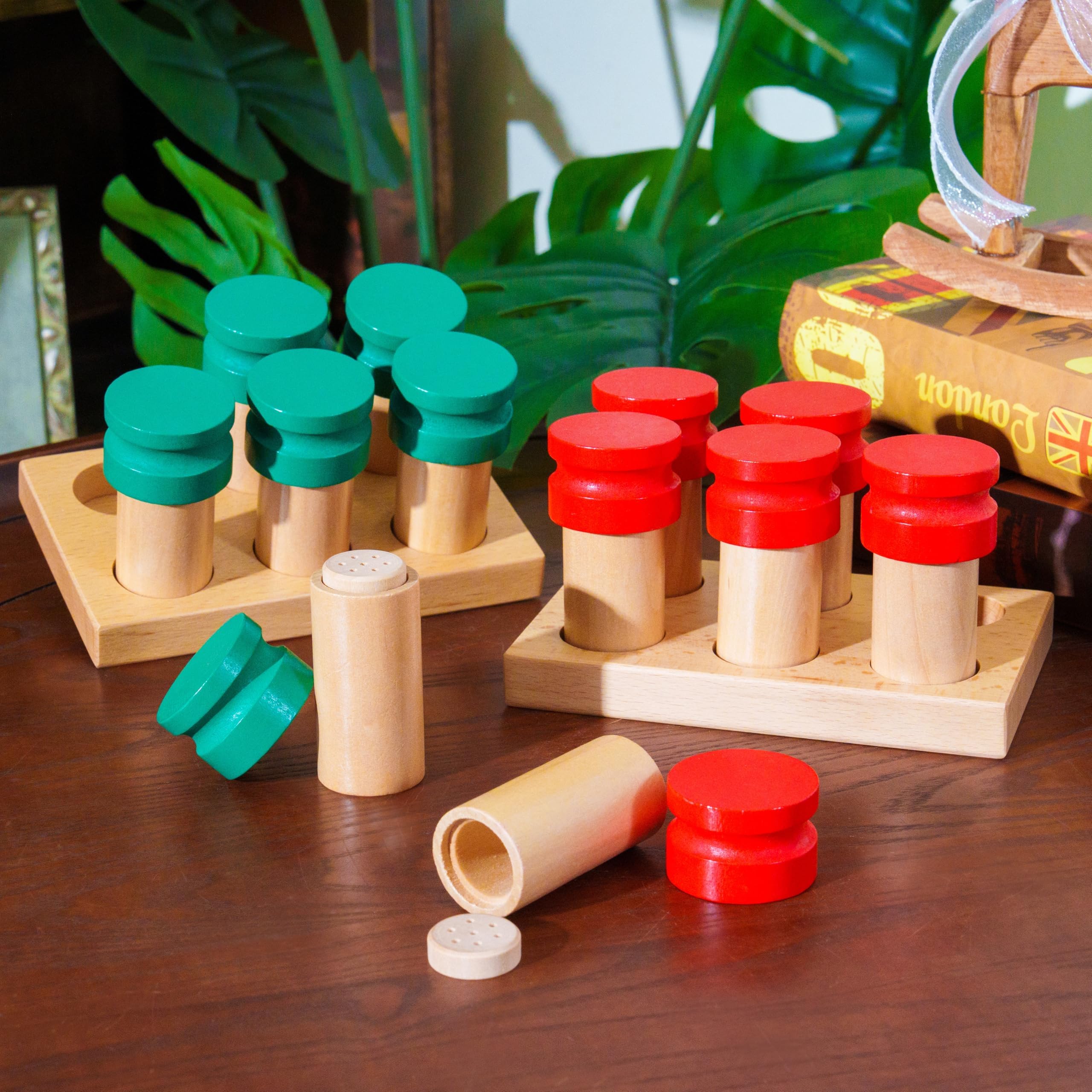Montessori Smelling Bottles Empty - 6 Pair Set Beechwood, Montessori Sensorial Materials for Kids, Olfactory Sensory Toys for Homeschool Preschool, Wooden Smell Jars with Guide for Natural Scents
