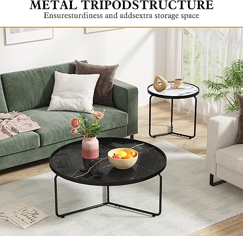 Miniatura 4 de HLR Juego de 2 mesas auxiliares redondas de vidrio negro, mesa de centro moderna con marco de metal resistente, mesa de cóctel con bandeja clásica