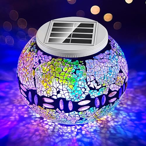 kiosbibi Luz solar de mosaico que cambia de color, luz de mesa de bola de cristal impermeable, luz nocturna LED para patio, jardín, fiesta, patio,