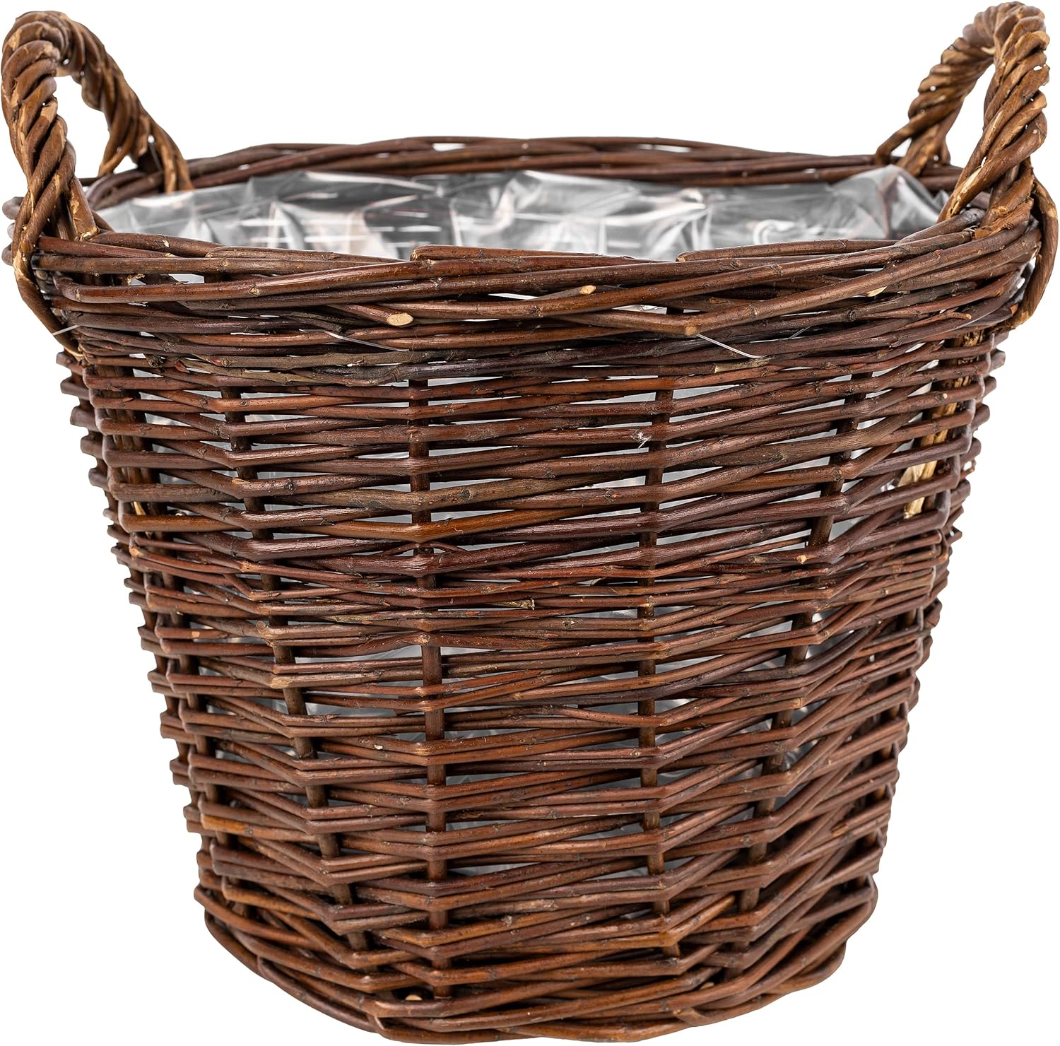 Creative Home Wicker Basket Flower Pot with Foil & Handles | 11.81 x 11.81 x 11.81 in (+/- 0.78in) | Dark Brown Plant Pot Storage | Hand-Woven Pot Cover Holder for Garden Balcony | Natural Color