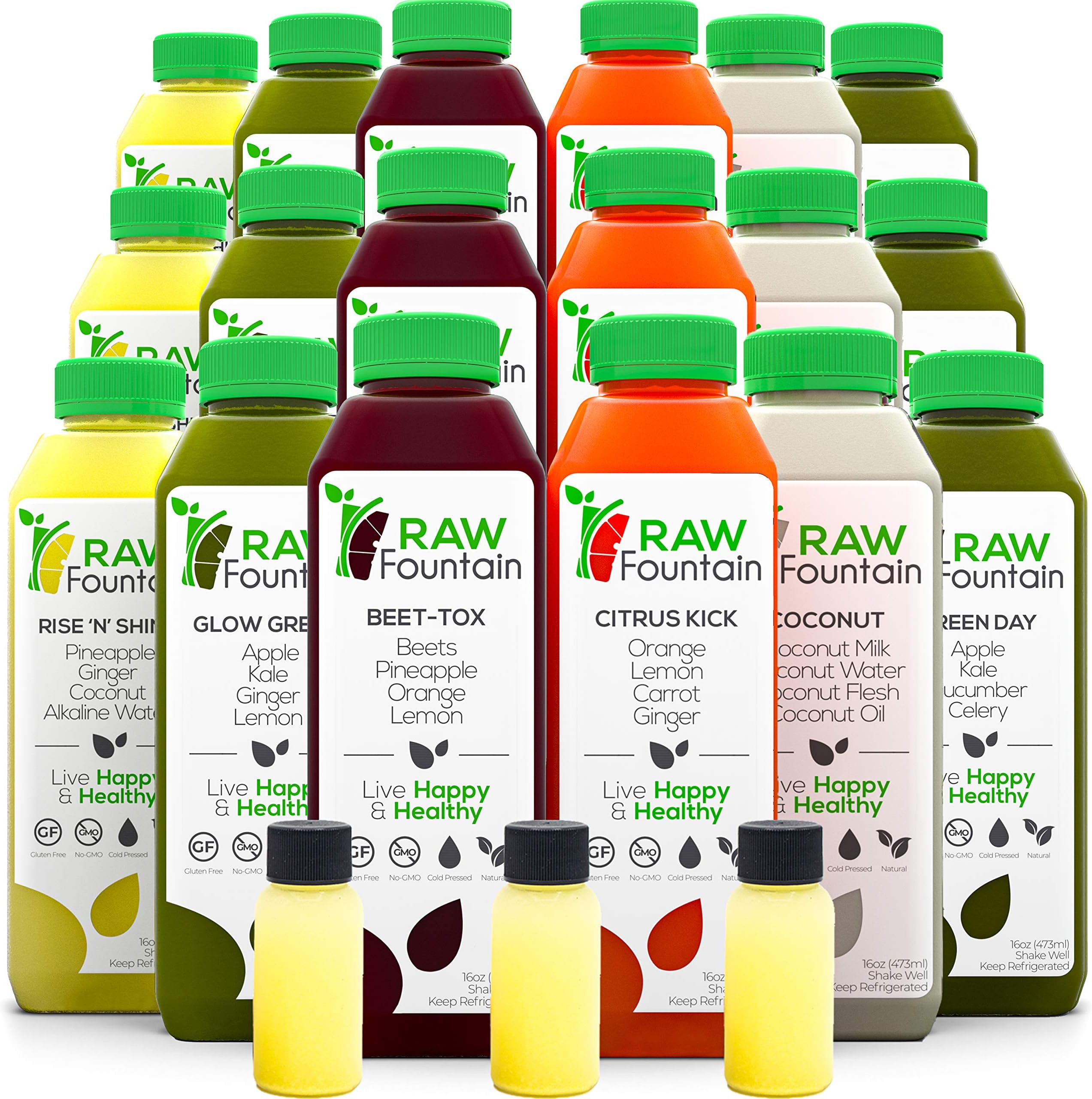 7 Day Juice Cleanse by Raw Fountain, All Natural Raw Detox Cleanse, Cold Pressed Fruit and Vegetable Juice, Tasty and Energizing, 42 Bottles 12oz, 7 Ginger Shots