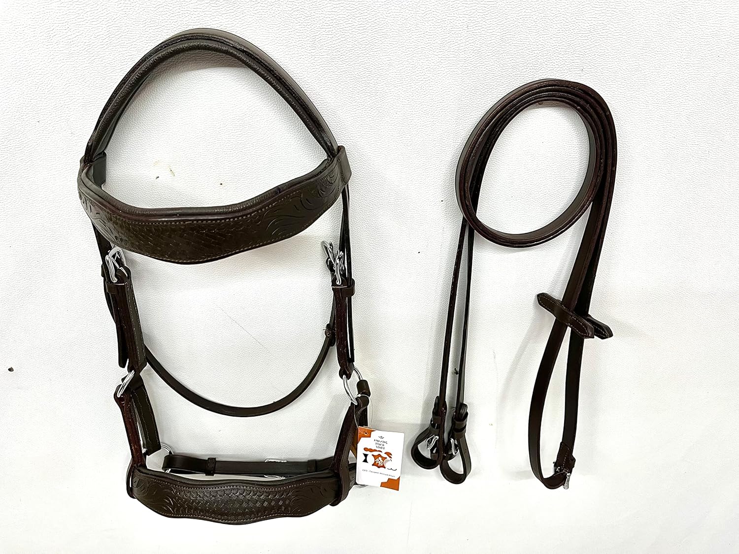 Sidepull Bitless Bridle with Designer Hand Carving On Brow & Noseband Curved Shaped Brown (Full, Cob, Pony)