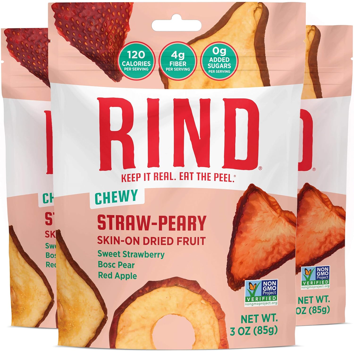 RIND Snacks | Straw-Peary | Strawberry, Apple & Pear | Dried Fruit Superfood | Chewy Snack | No Sugar Added | All Natural | High in Fiber | Gluten Free | Vegan | Paleo | Fruit Snacks | 3 oz | 12 Pack