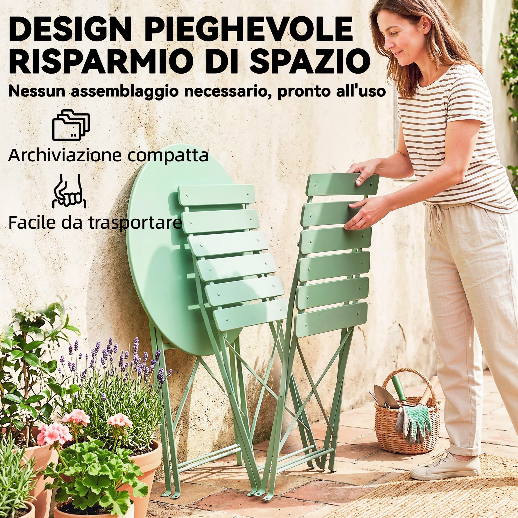 Outsunny Set da Bistrò Pieghevole da 3 Pezzi, Set da Giardino con 2 Sedie, Tavolo Rotondo, Struttura Metallo Antiruggine, Set di Mobili da Giardino per Patio Balcone, Verde Chiaro