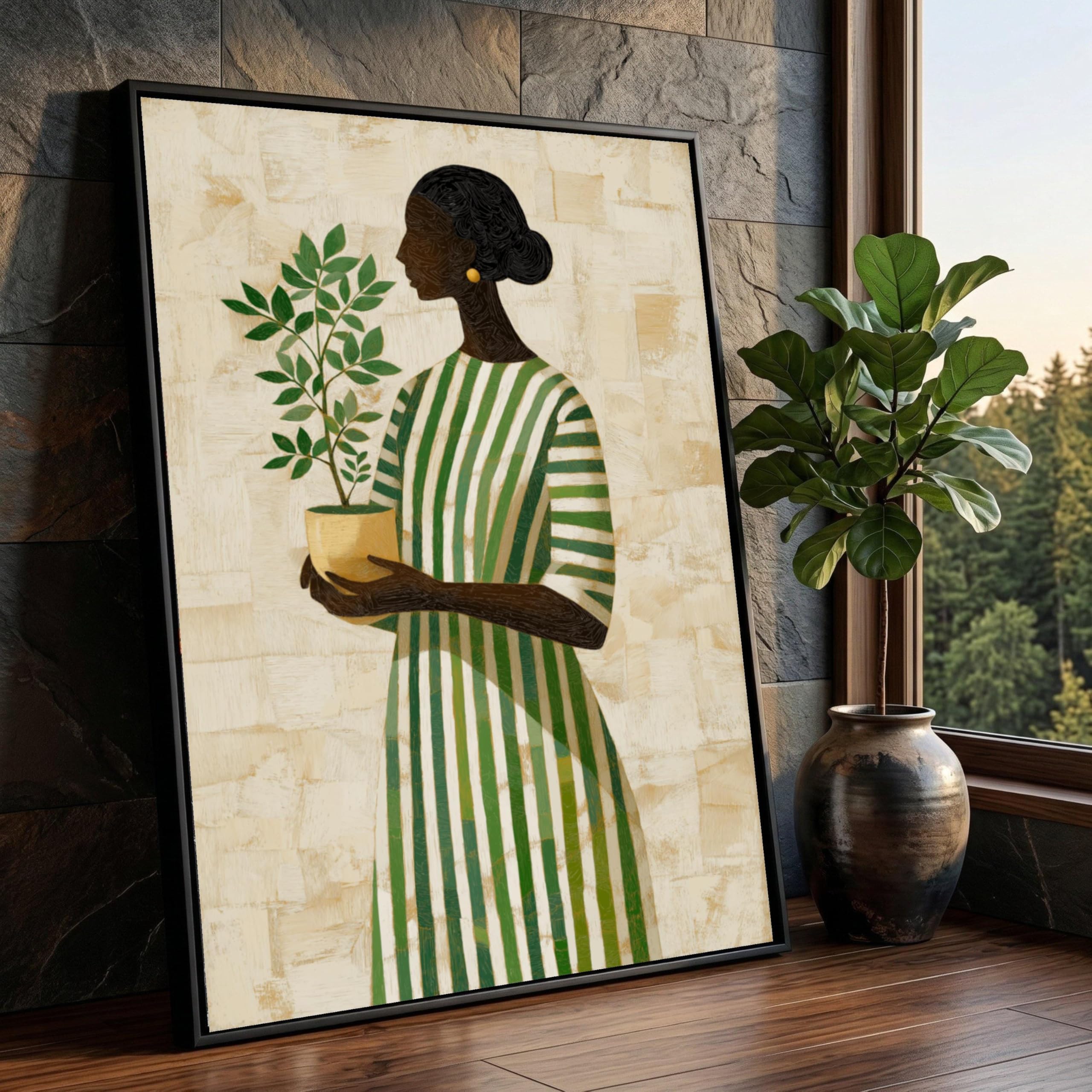 CAOXTART Woman Holding Potted Plant Canvas Print, Green Dress Art Pictures, Botanical Posters, Minimalist Painting Home Wall Decor(60x80cm/Frameless)