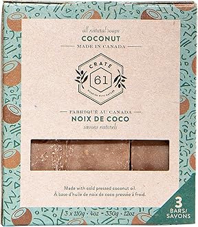 Crate 61, Handmade Vegan Natural Bar Soap Cold Pressed For Face And Body, With Premium Essential Oils, For Men And Women 3 Pack (Coconut)