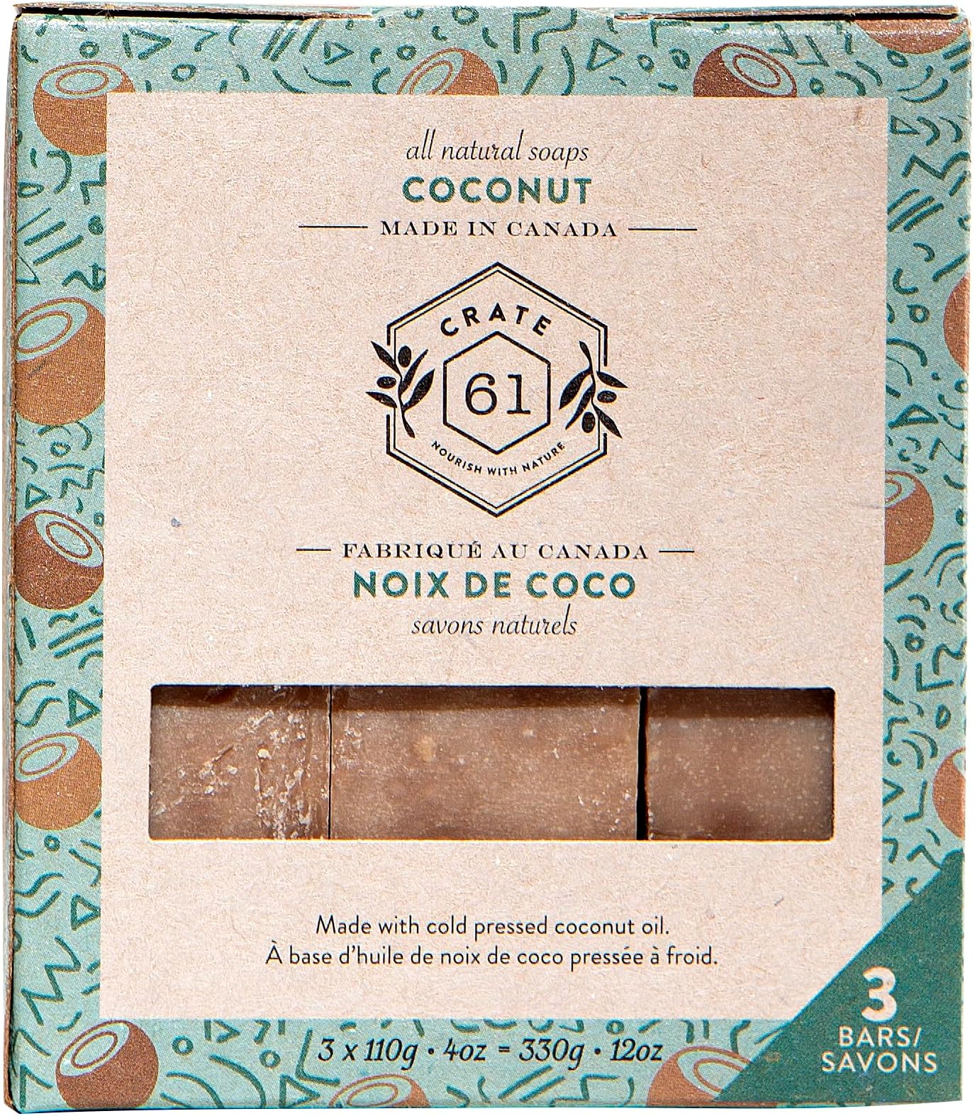 Crate 61, Handmade Vegan Natural Bar Soap Cold Pressed For Face And Body, With Premium Essential Oils, For Men And Women 3 Pack (Coconut)