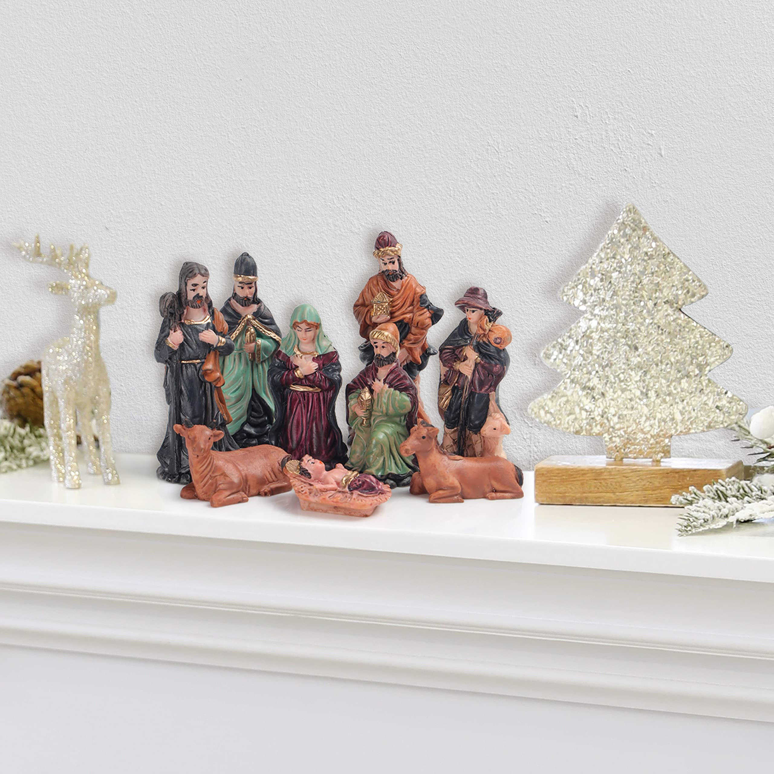 BELLE VOUS Set Belen Navidad con 9 Estatuillas - Pesebre Navideño de Resina - Set Adornos Navidad de Poliresina para Uso en Interiores - Decorar el Hogar, Iglesia o Escuela