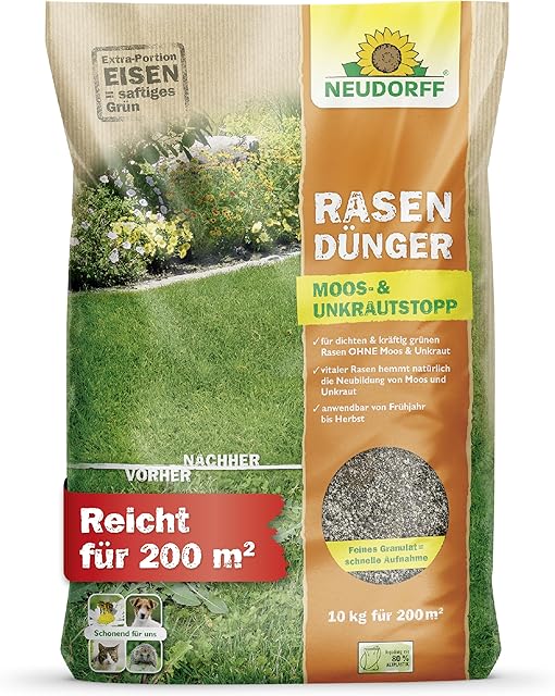 Neudorff Neudorff RasenDünger Moos- und UnkrautStopp 10 kg für 200 m² mit Eisen und Kalium sorgt für einen dichten, grünen Rasen ohne Moos und Unkraut - schonend für Haustiere — Saat & Dünger