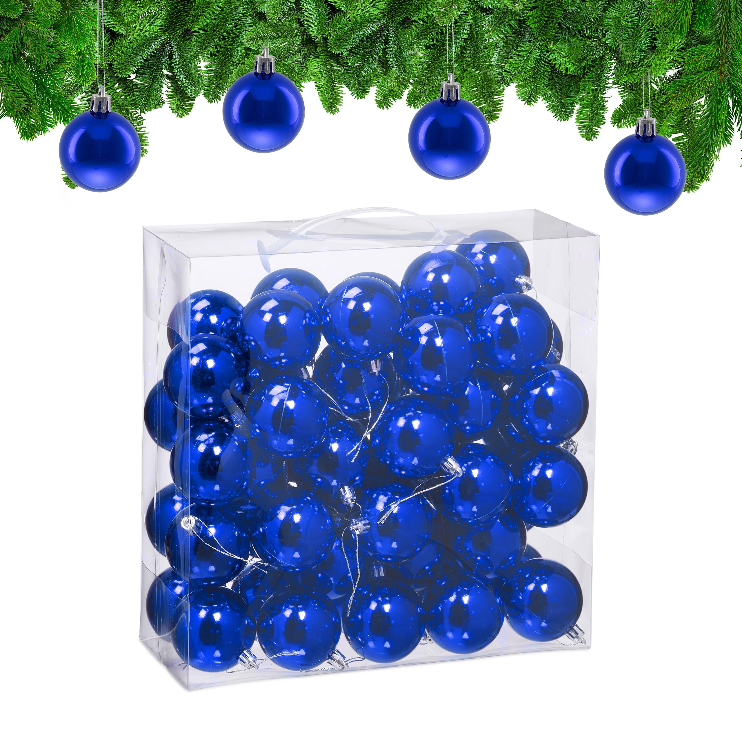 Relaxdays Bolas Árbol Navidad, Set 100, Plástico, Diseño Brillante, 6 cm, Adornos Navideños, Decoración Natal, Azul