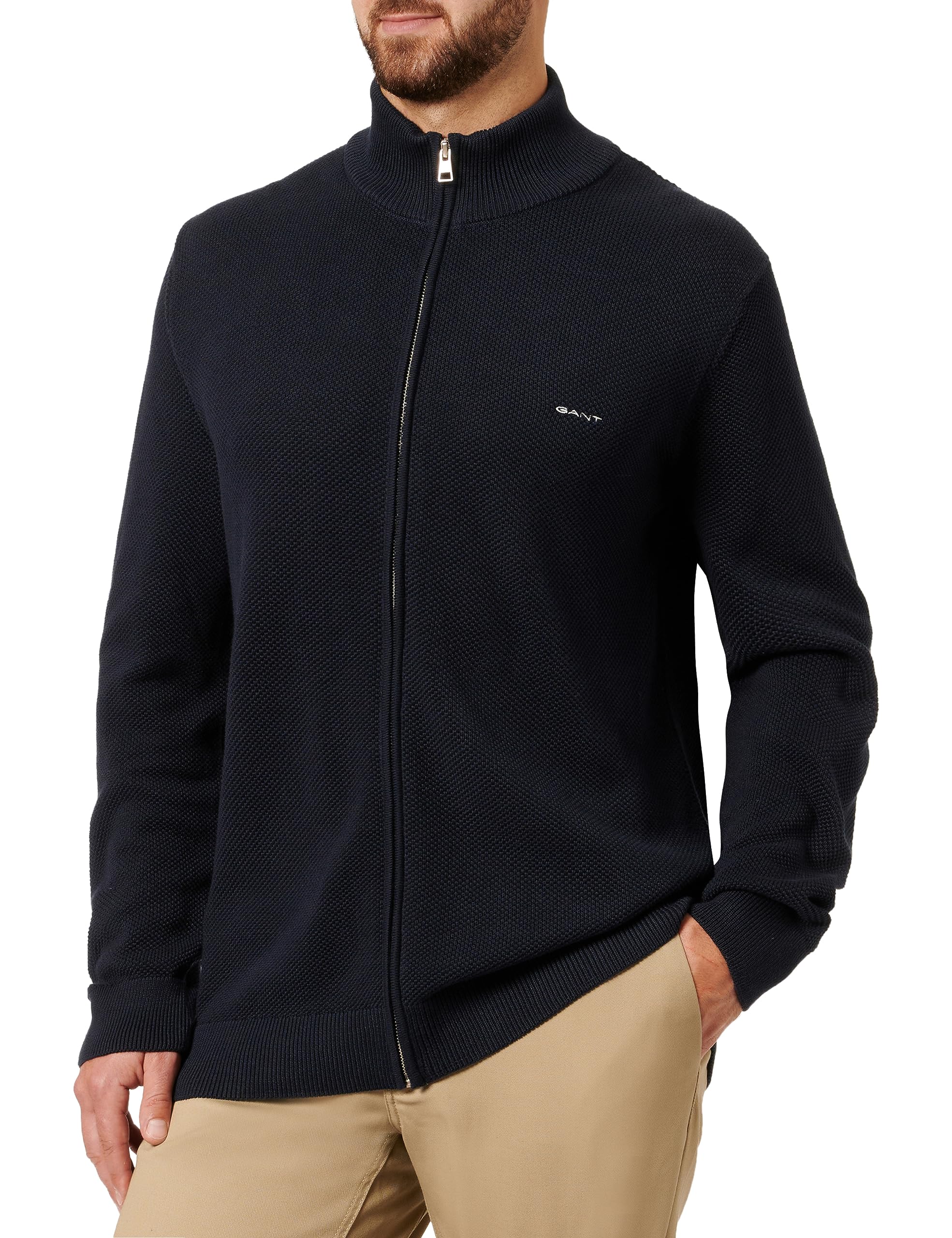 GANT Men's Cotton Pique Zip Cardigan, Evening Blue 1, XXL