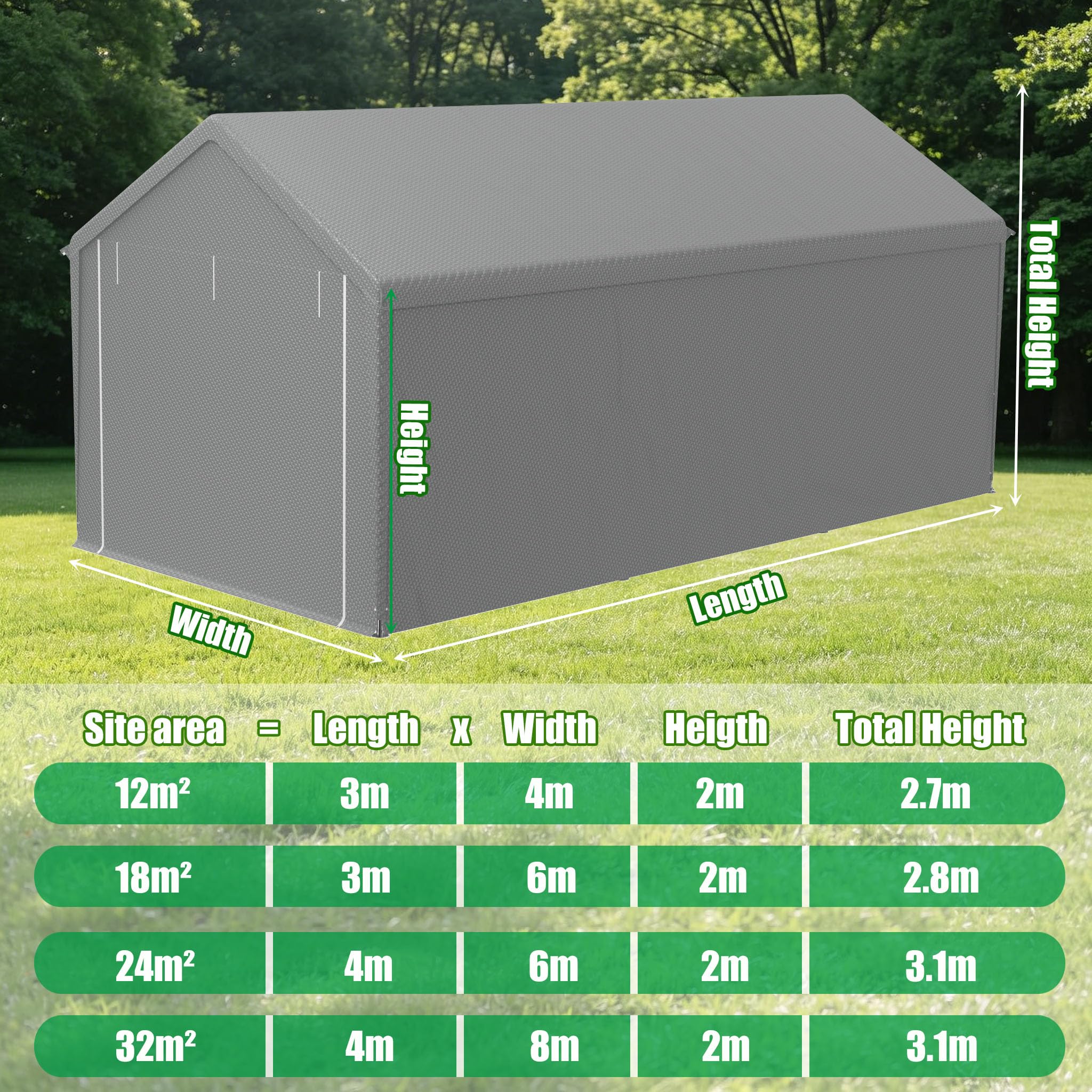 Carport de 3 x 6 m pour extérieur, garage de tente en bâche PE et cadre en métal, tonnelle de jardin autoportante, tente de garage résistante aux intempéries, tente de voiture de 18 m² pour