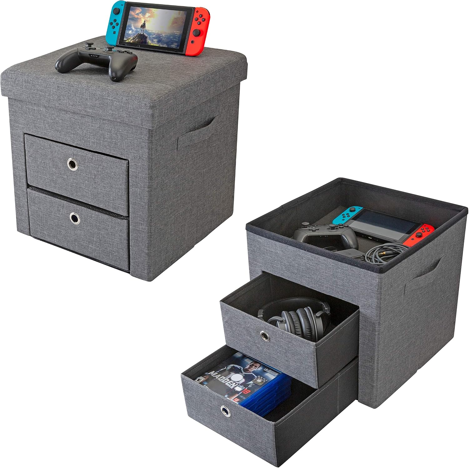 Simplify 2 Drawer Collapsible Storage Ottoman | Perfect for Gaming| Toys| Magazines| Linens| Blankets & More | Grey Single
