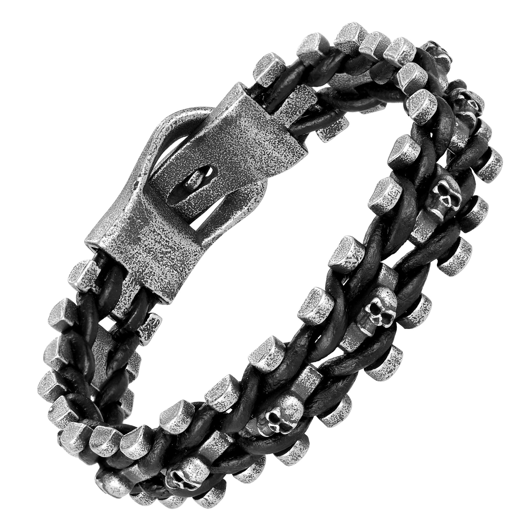 Men's Stainless Steel & Leather Bracelet - Silver/Black, Rust Resistant, 8.46 Inch, Jewelry Gift For Him - View #9