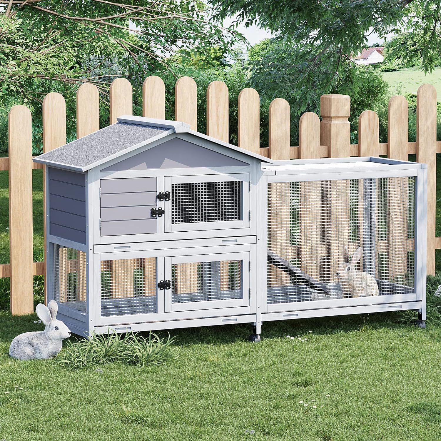 Bunny Cage with Weatherproof Roof, Rabbit Cage with 6 Lockable Caster Wheels & Pull-Out Tray, Rabbit Hutch for Indoor Outdoor Use, Grey（63.2" l x 22.4" w x 37"）