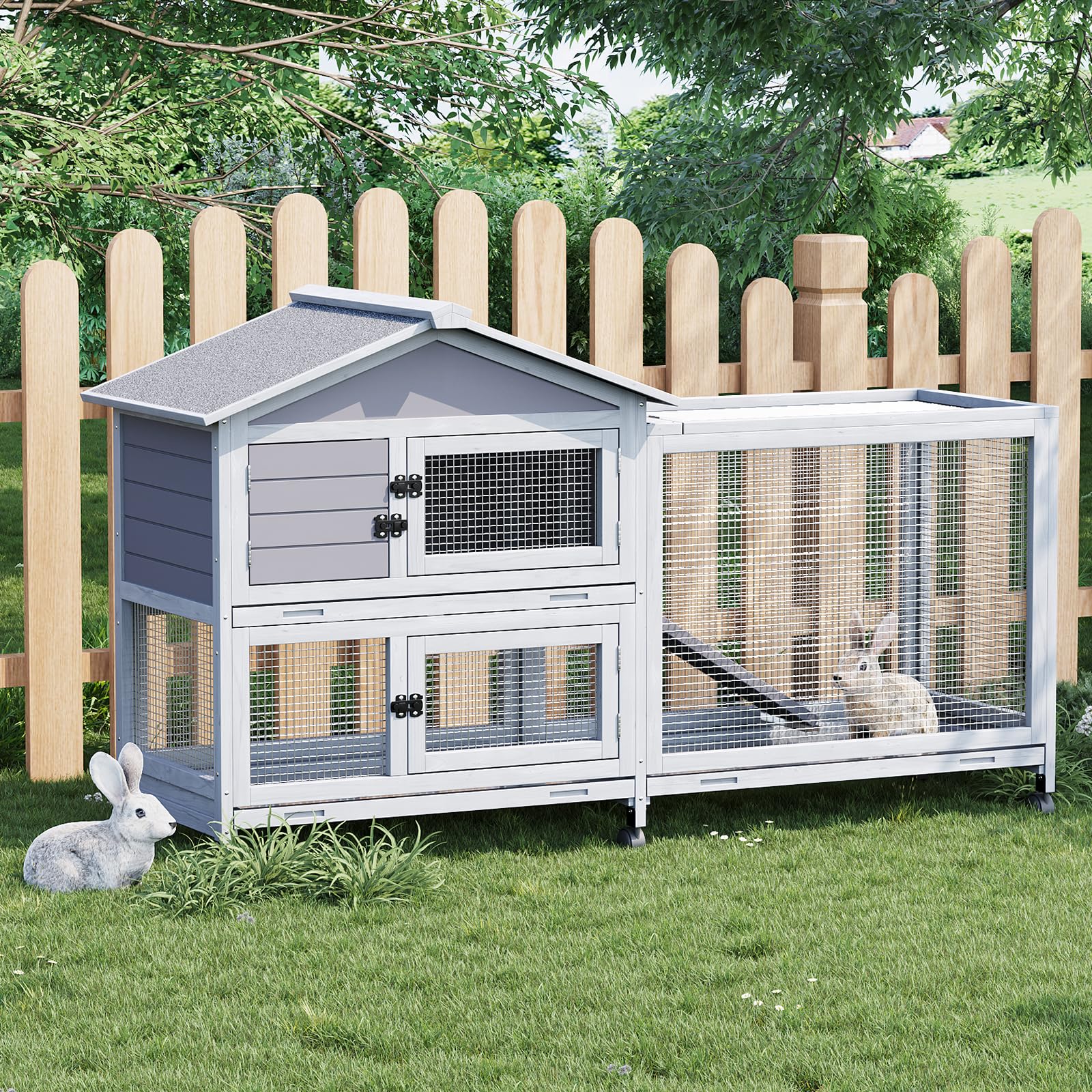 Garvee Gabbia a 2 Livelli per Piccoli Animali - Tetto Impermeabile, Ruote, Rampa Antiscivolo, 4 Porte, Vassoio Estraibile - Casetta in Legno per Conigli, Cavie, Furetti, Interno Esterno - Grigio