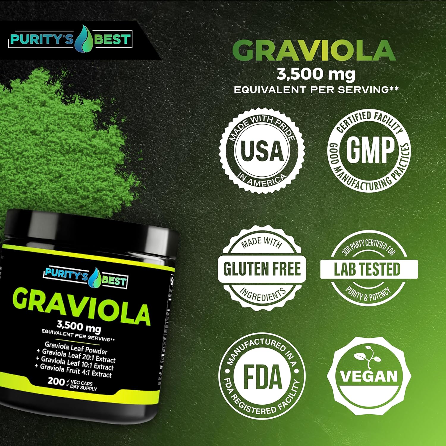 Purity's Best Graviola (Soursop) Supplement, Concentrated 378 mg Formula, Supports Immune Function & Antioxidant Protection, 200 Veggie Capsules, Made in USA. - Image 6