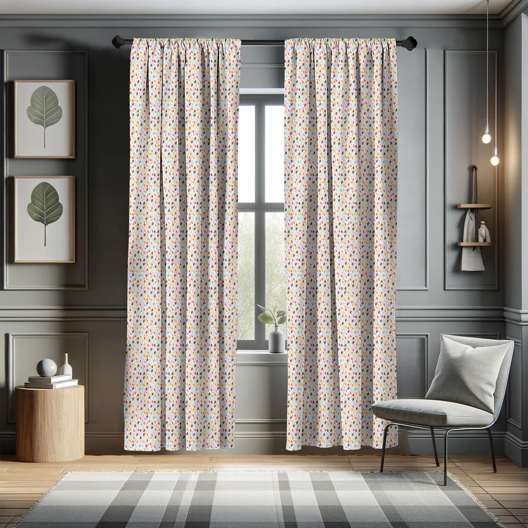 ABAKUHAUS Zasłony z liści, kolorowe kompozycje, zaprawy okienne, 2 panele, zestaw do salonu, sypialni, dekoracja, 150 cm x 245 cm, białe i wielokolorowe