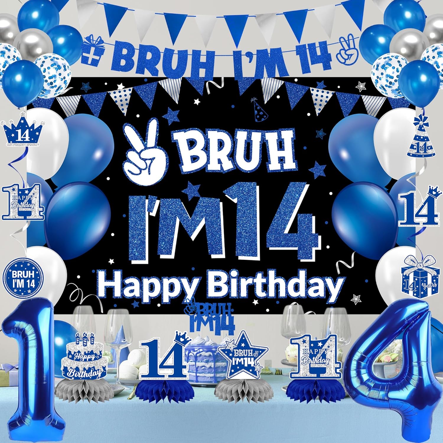 DARUNAXY 14th Birthday Party Decorations for Boys Girls, Blue Bruh I’m 14 Banner, 14 Number Balloons & Cake Topper, Sweet 14 Years Old Birthday Honeycomb Hanging Swirls Party Supplies